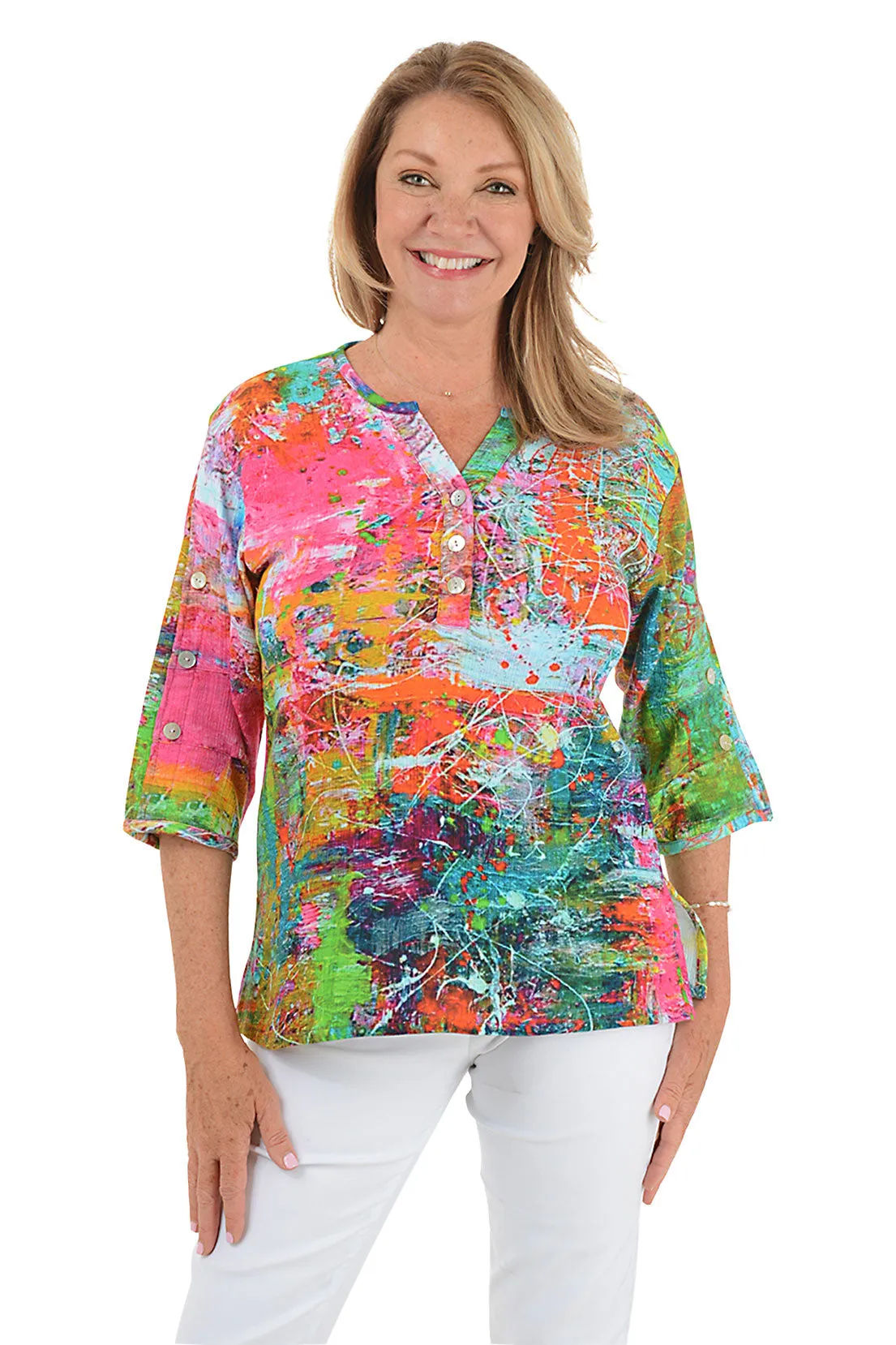 Starla Pleated Button Sleeve Blouse Compression Fit HighElasticity