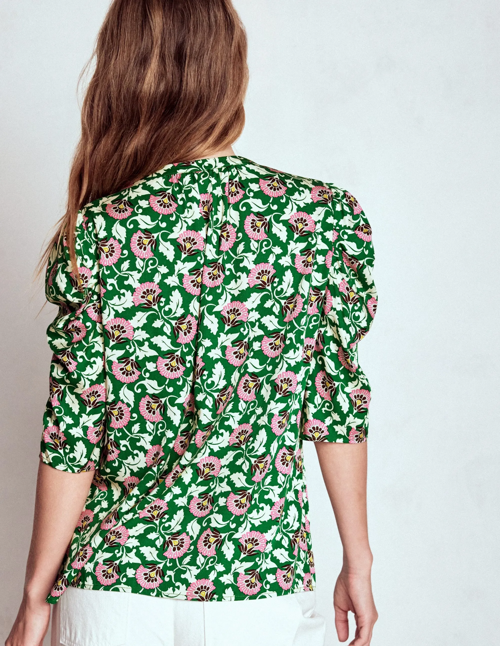 Mutton Sleeve Smart Top-Rich Emerald, Ornate Vine Anti Microbial Lining