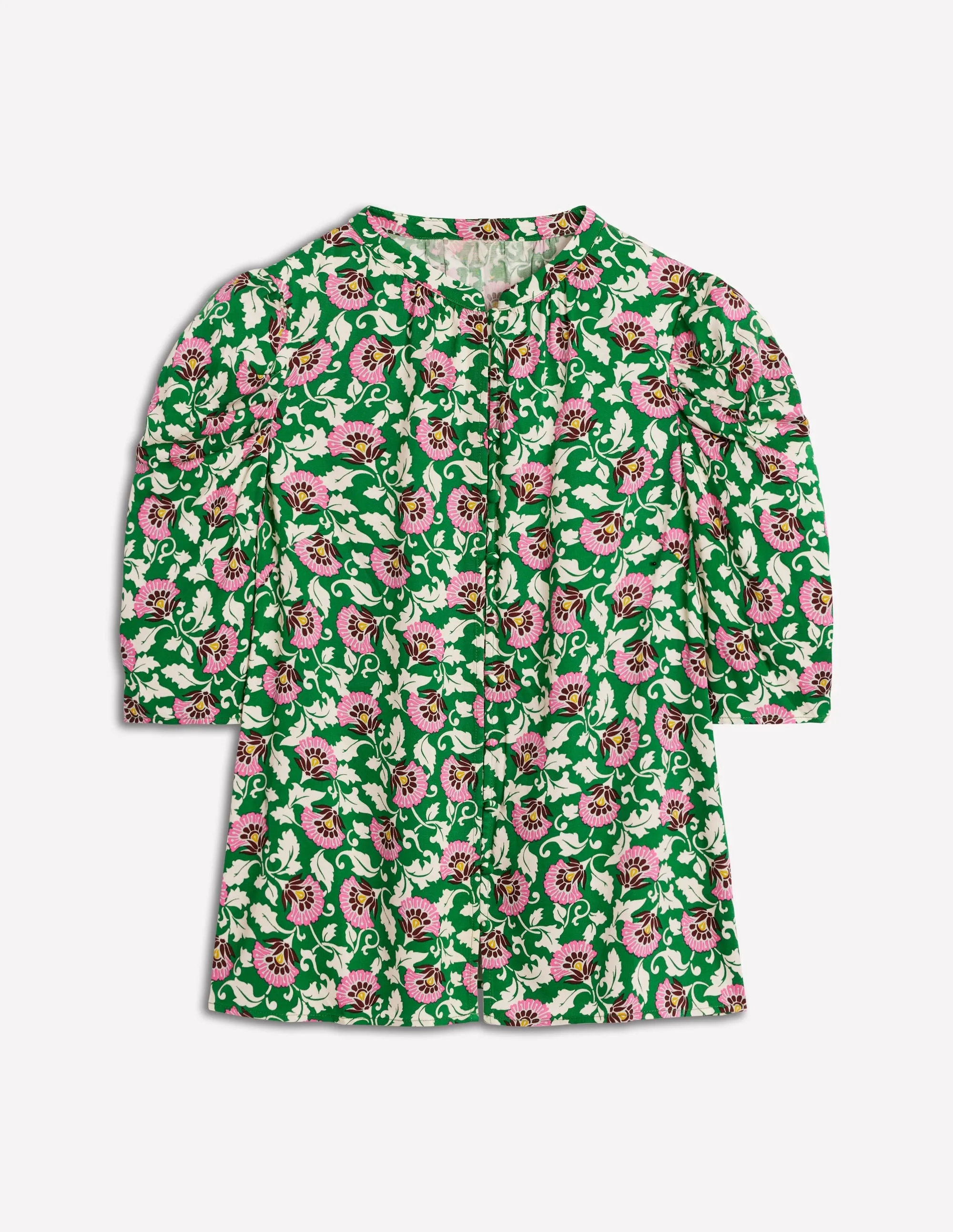 Minimalist Collar Layered Hem Detailing Mutton Sleeve Smart Top-Rich Emerald, Ornate Vine