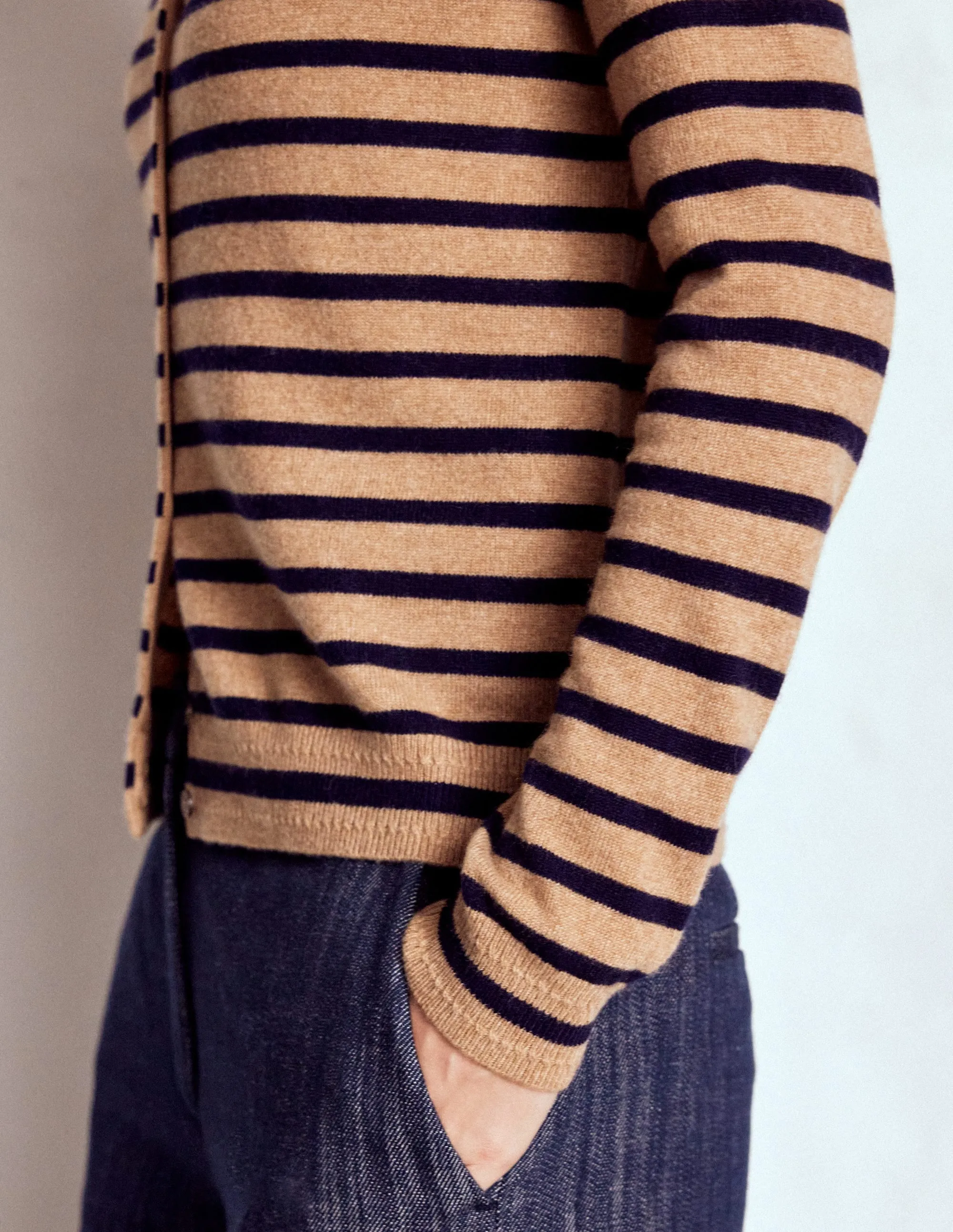 Work Outfit Eva Cashmere Crew Cardigan-Camel Melange/Navy Stripe