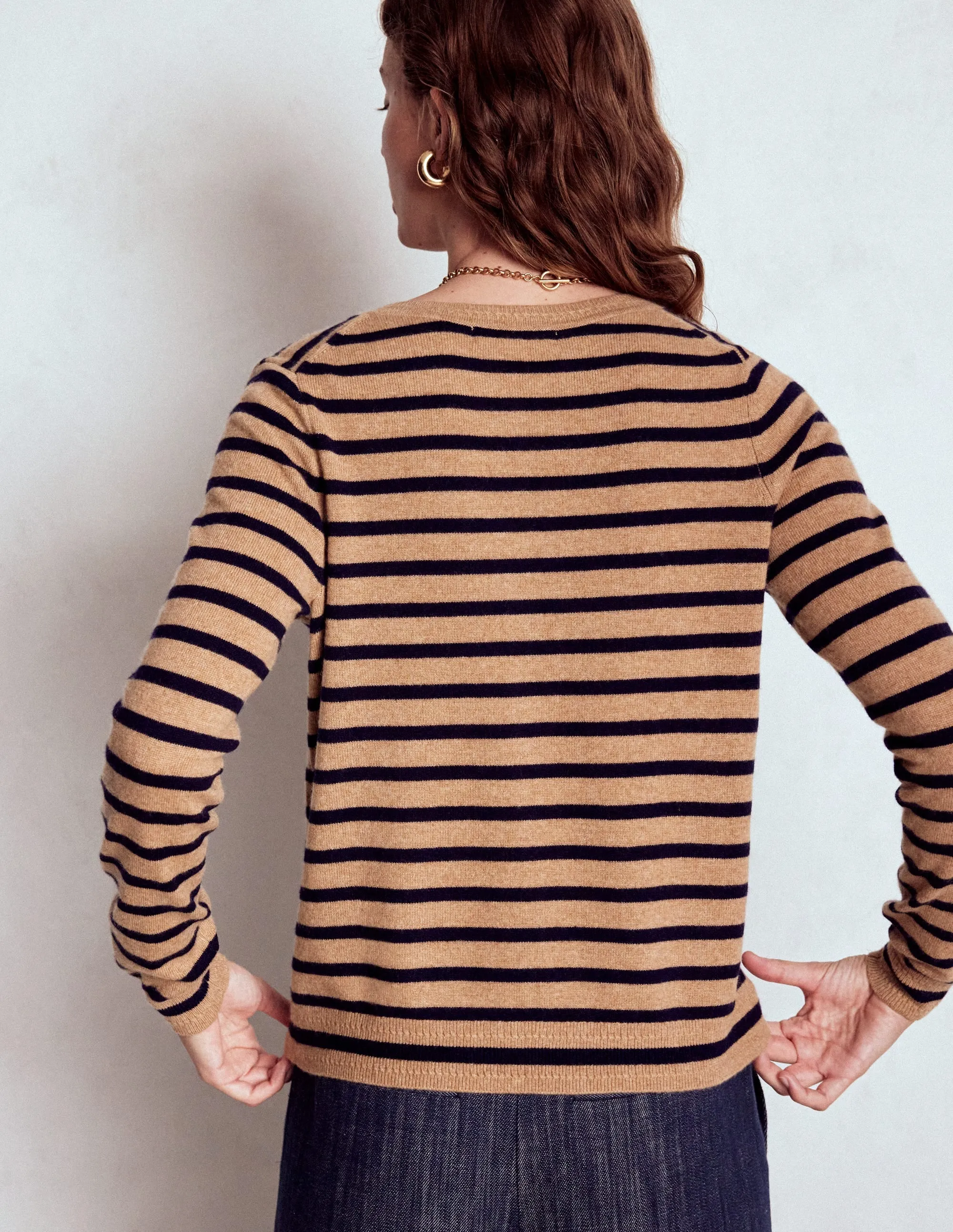 Double Layered Collar Eva Cashmere Crew Cardigan-Camel Melange/Navy Stripe