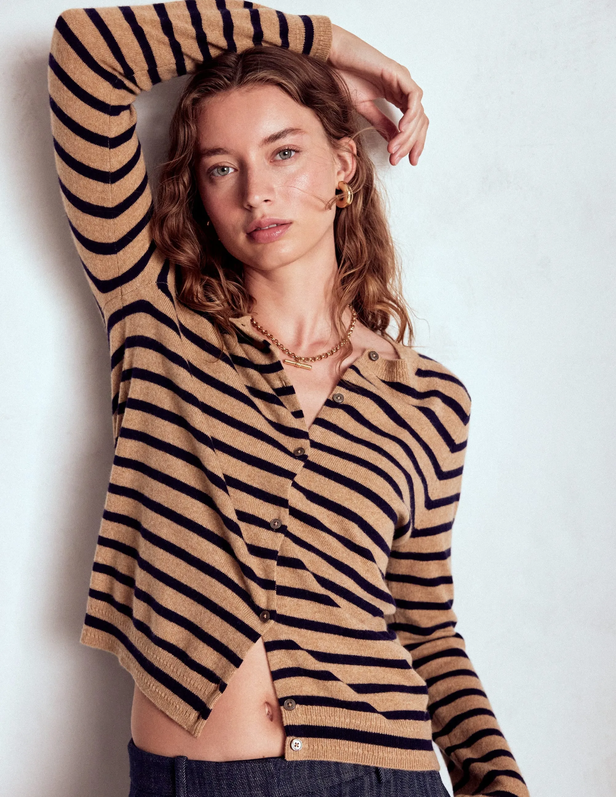 Relax Fit Eva Cashmere Crew Cardigan-Camel Melange/Navy Stripe