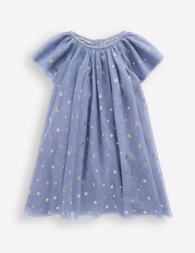 Layered Tulle Dress-Blue Gold Foil Star Date Nightwear Relaxed-fit maxi dress