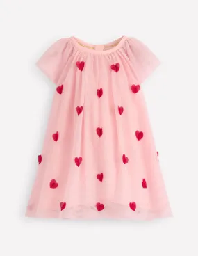 Daywear Comfort Cozy Drape Layered Tulle Dress-Chalk Pink Hearts