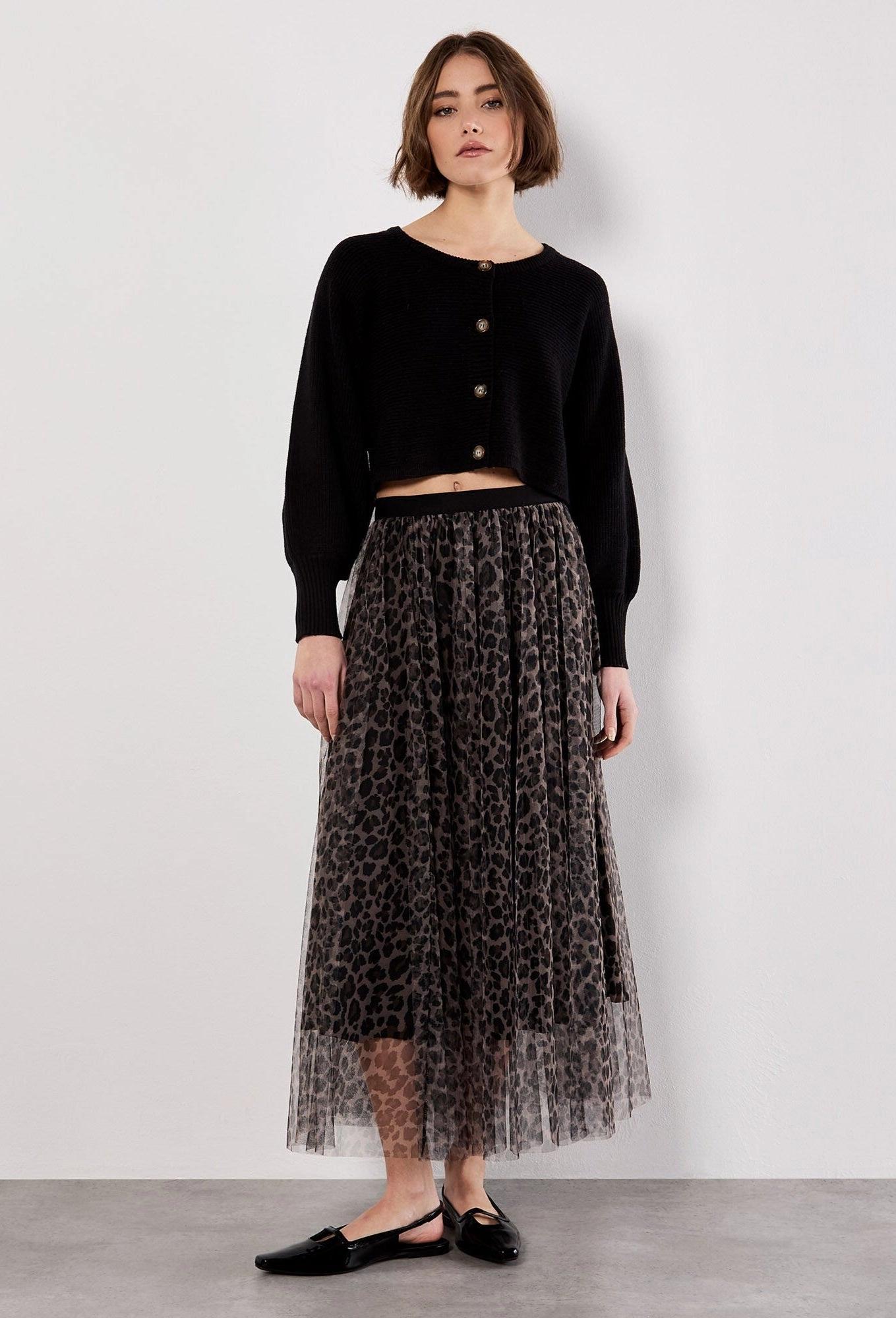 Layered Tulle Skirt in Leopard Adjustable Hem Statement Color