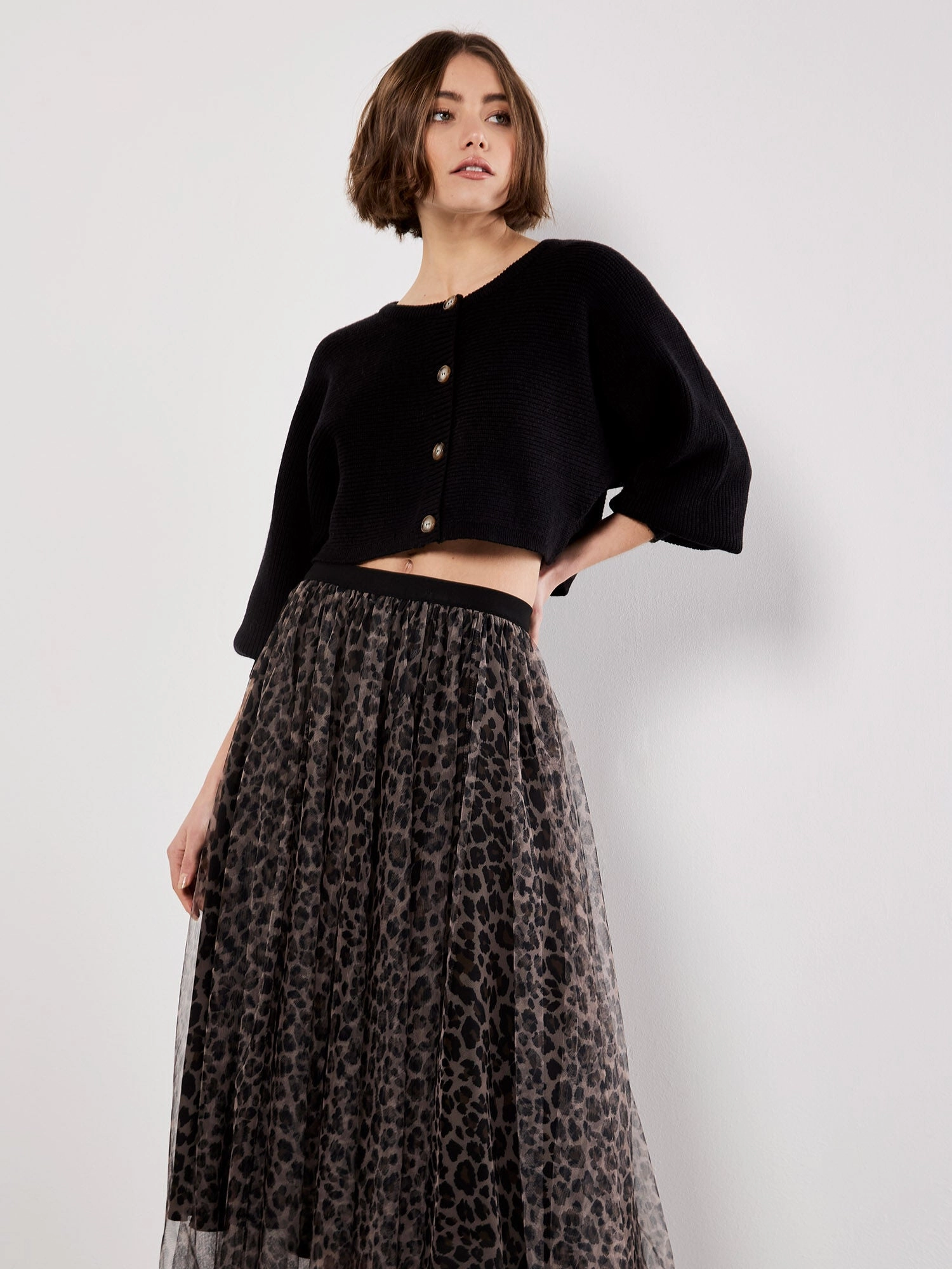 Layered Tulle Skirt in Leopard Cozy Finish Linen blend