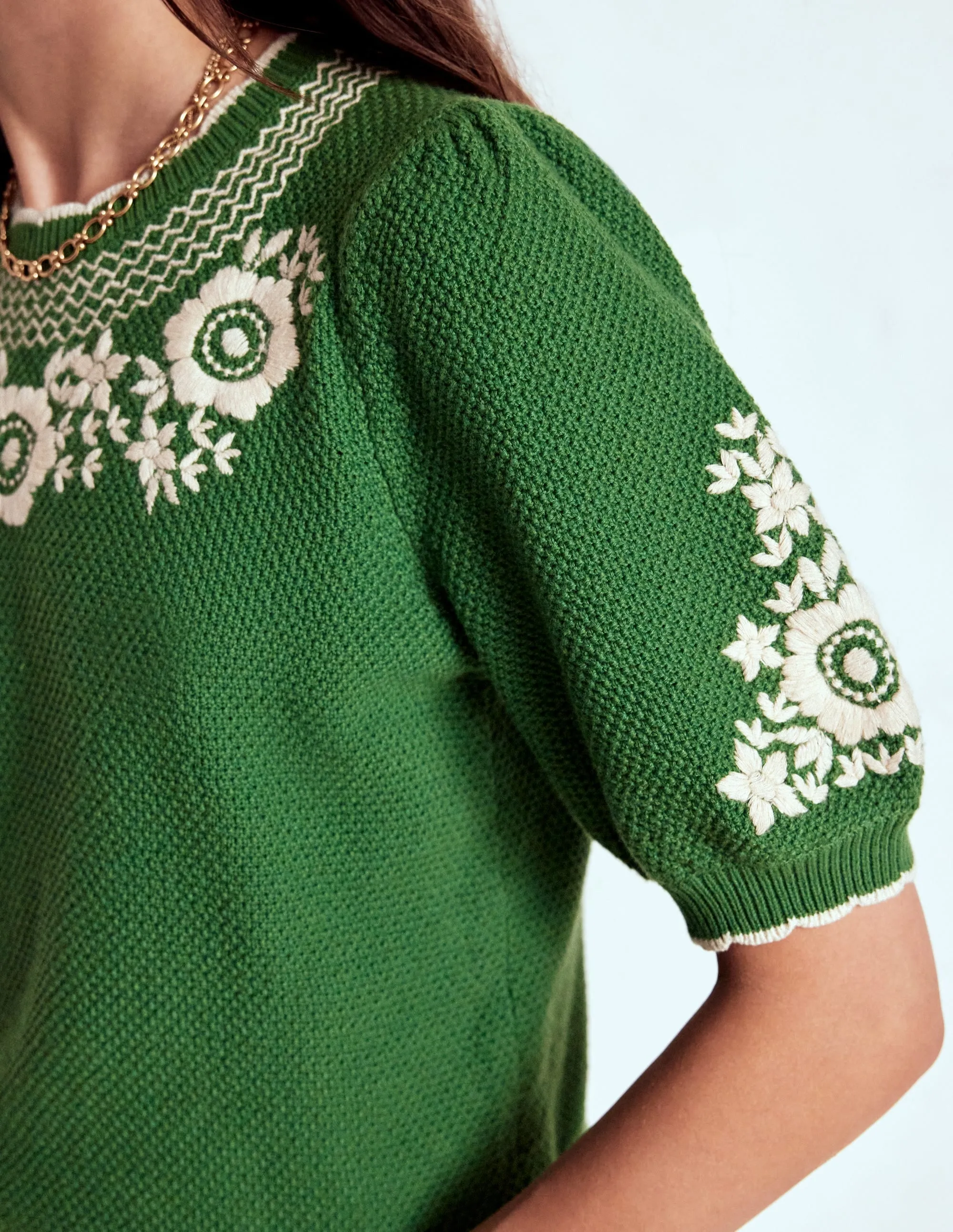 Puff Sleeve Embroidery T-shirt-Paradise Green Layer Ready Fall Vibes