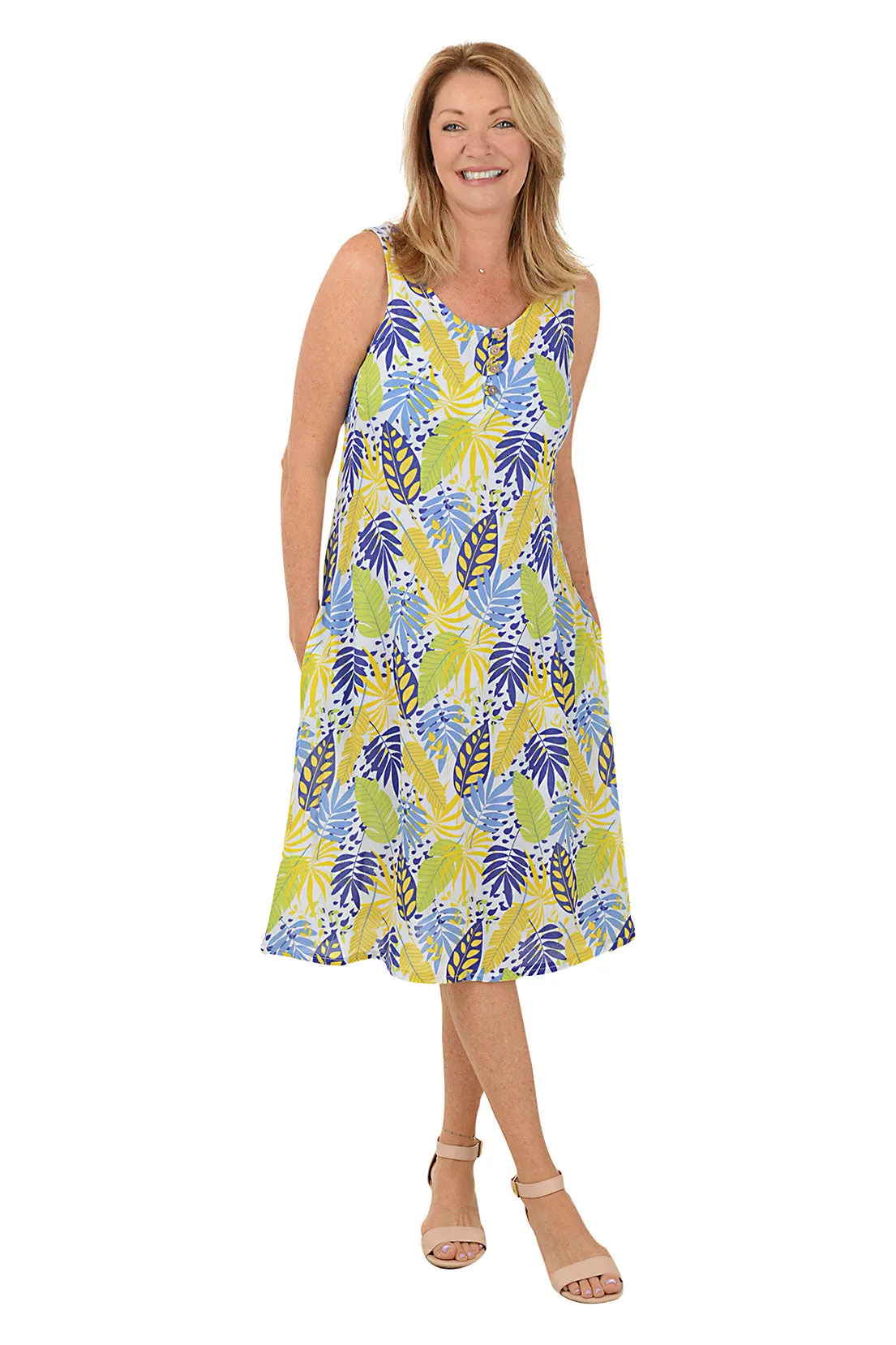 Leafy Ferns Button-Neck Sleeveless Dress Chic Silhouette NoiseFreeFabric
