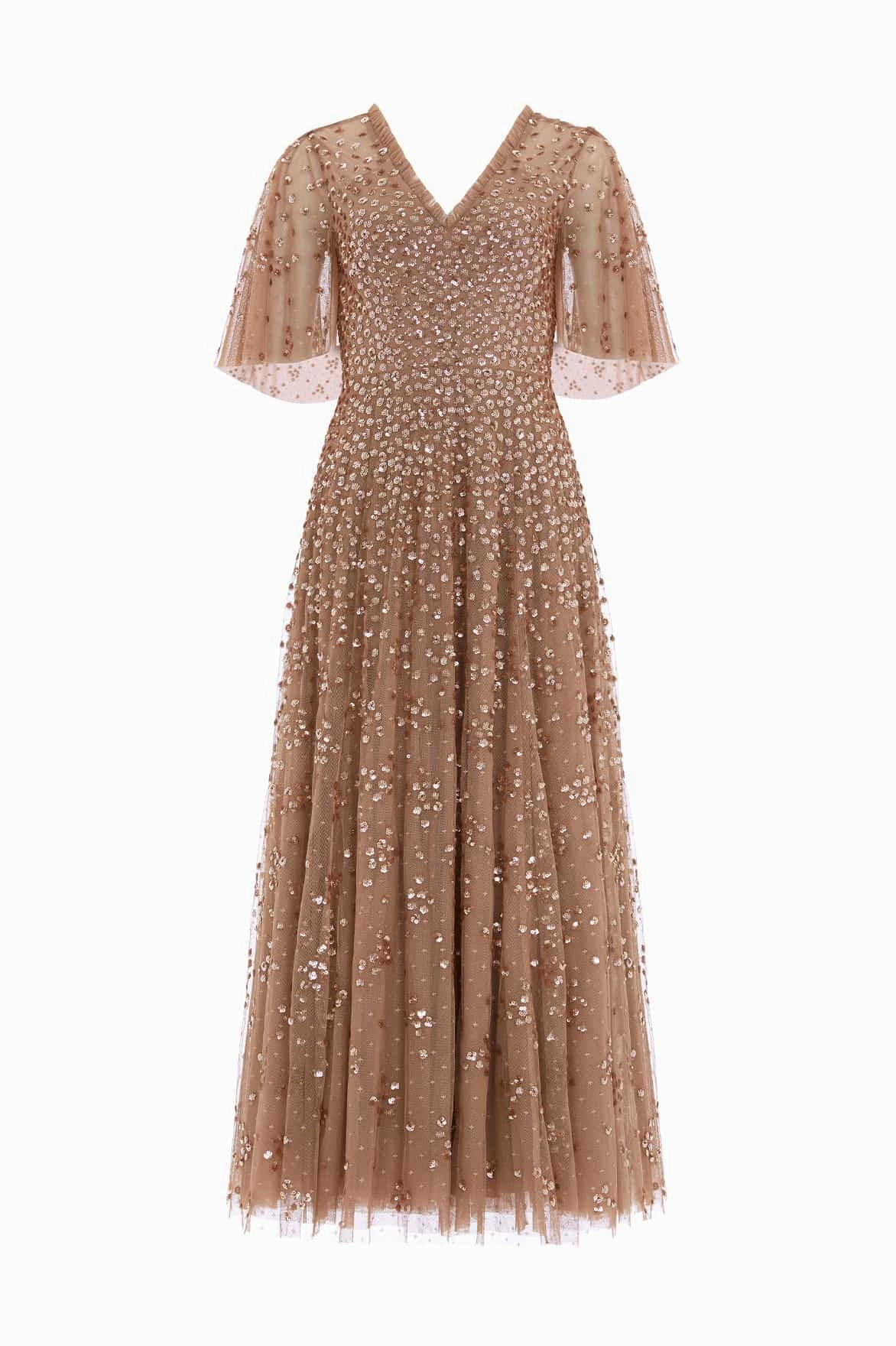 Polished and Elegant Leila Dot V-Neck Cape Ankle Gown