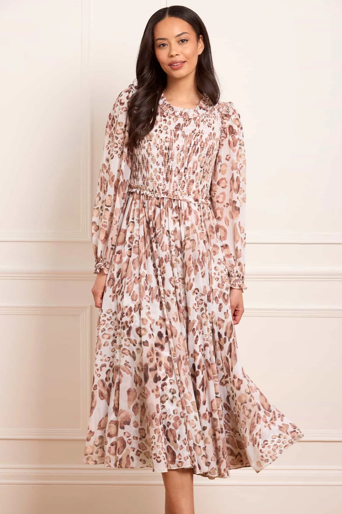 Leopard Chiffon Smocked Ballerina Dress Cozy Style Modern Comfort