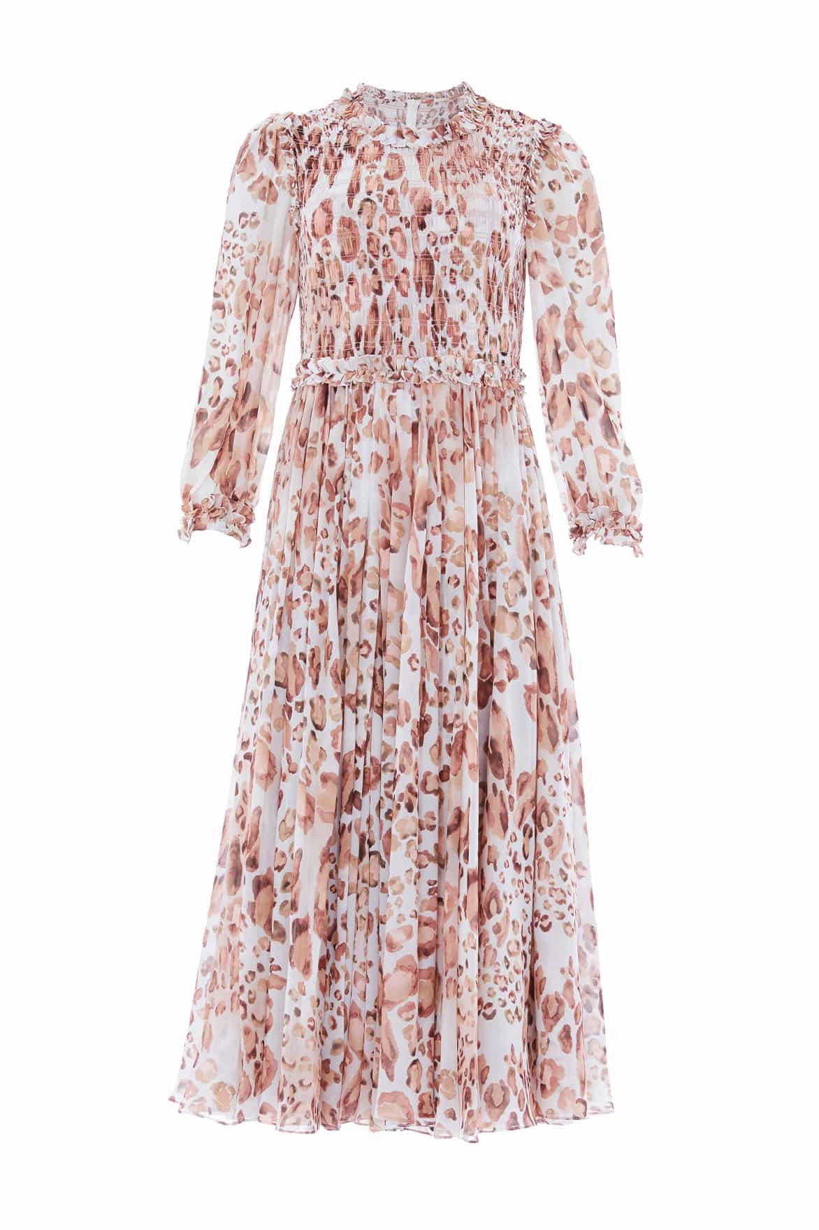 Airy Movement Neutral Mood Leopard Chiffon Smocked Ballerina Dress