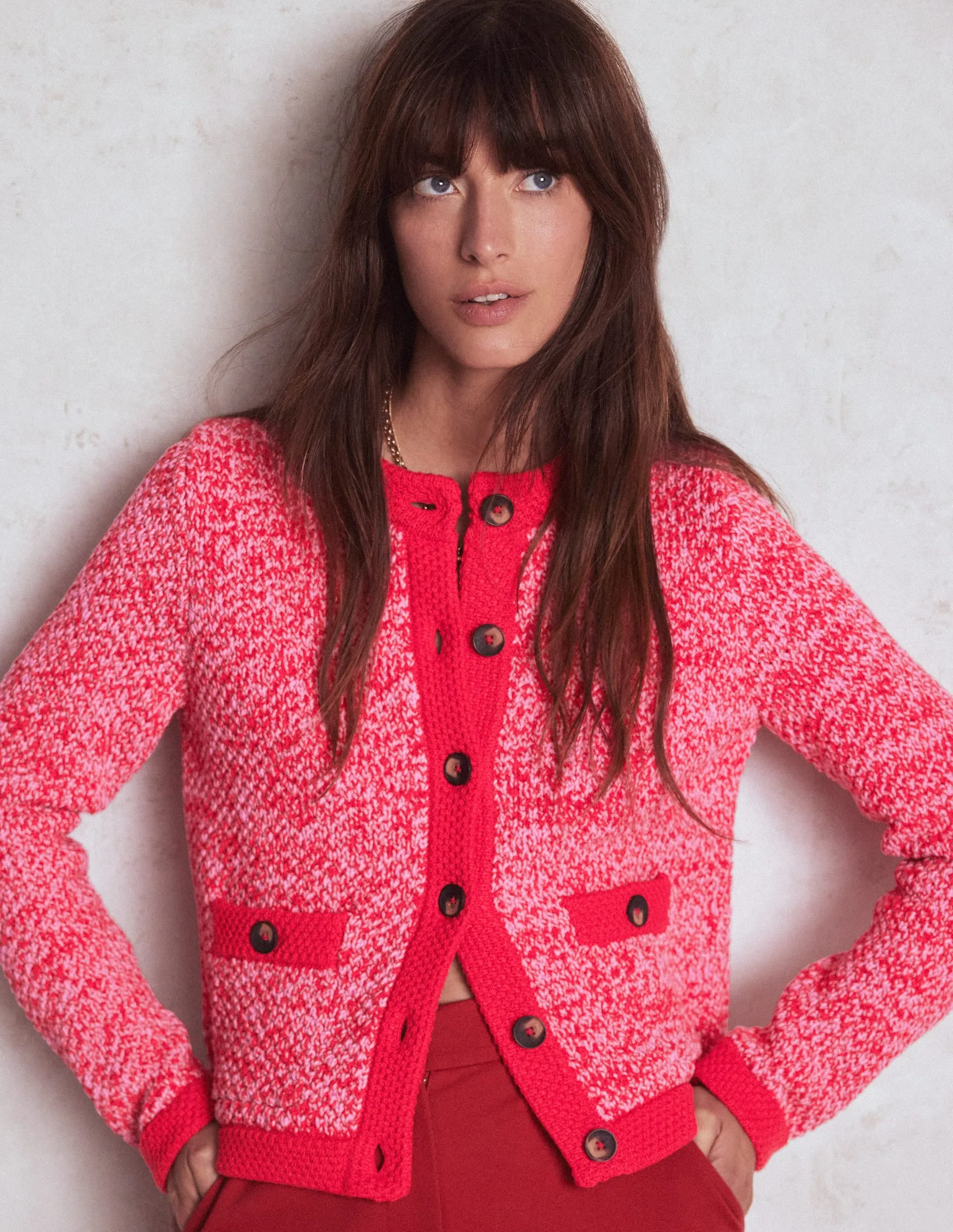 Heat Retention Lining Fall Outfit Libby Knitted Jacket-Pink Ribbon/ Poppy Red