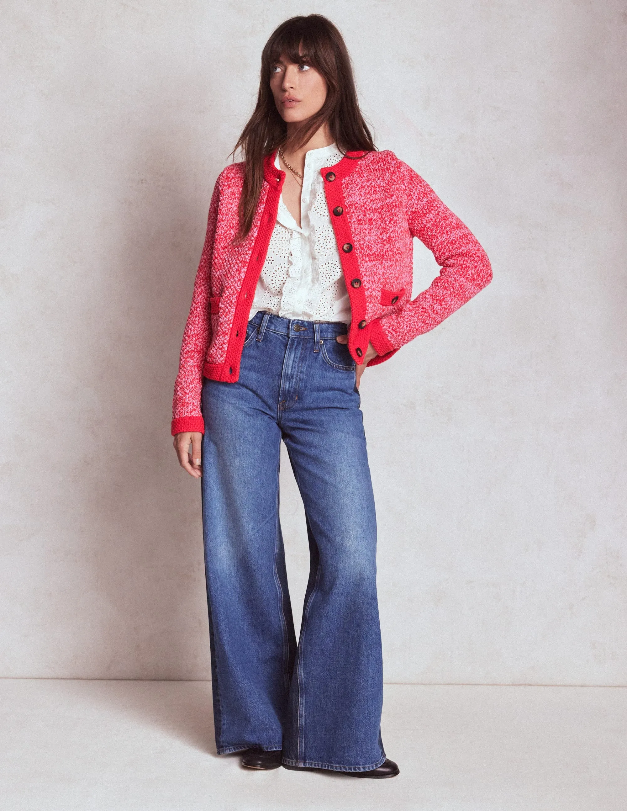 Non Restrictive Silhouette Libby Knitted Jacket-Pink Ribbon/ Poppy Red