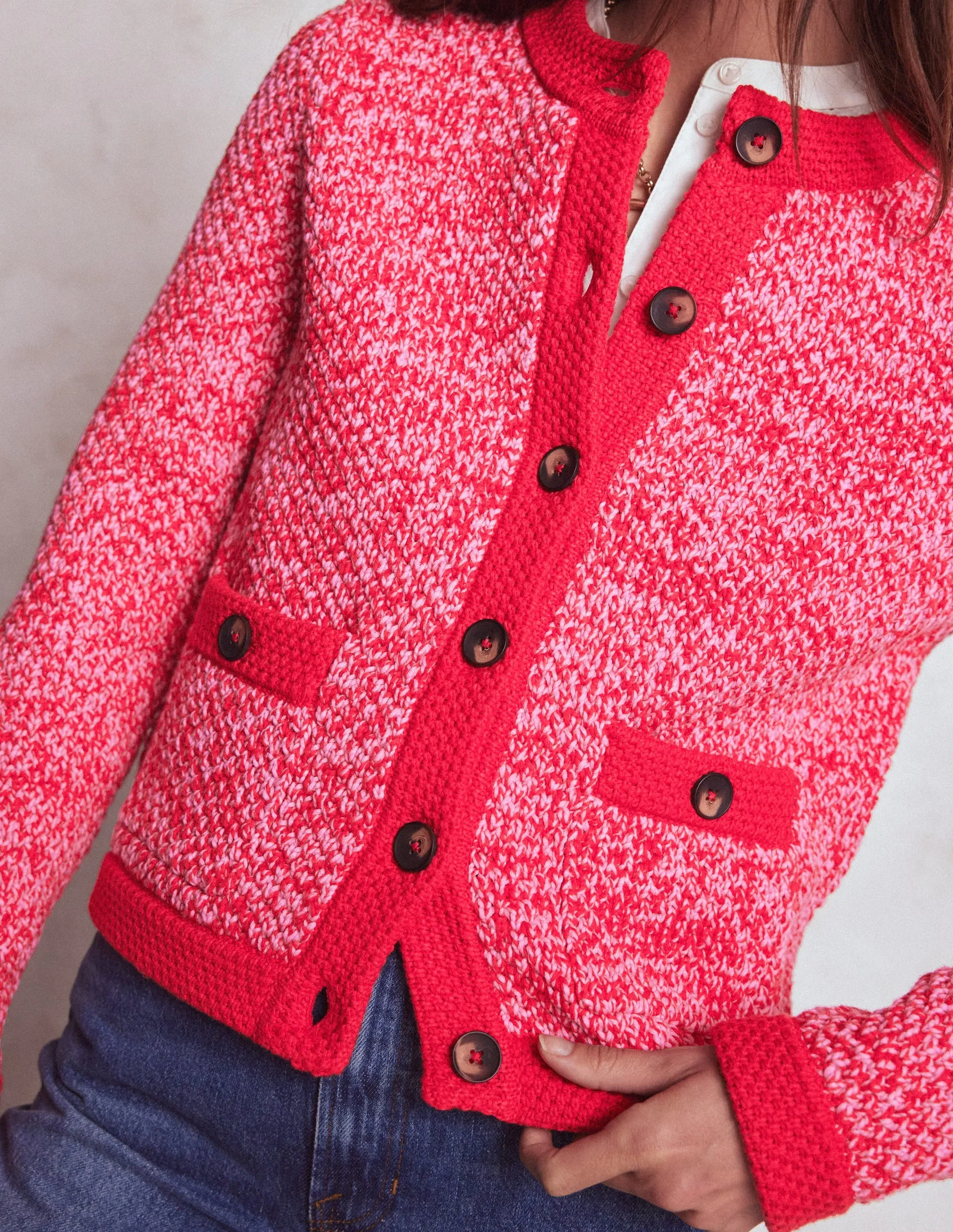 Easy Silhouette Openwork Lattice Pattern Libby Knitted Jacket-Pink Ribbon/ Poppy Red