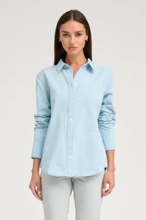 Light Blue Chambray Button Down Trendy Sweater Bonded Hemline
