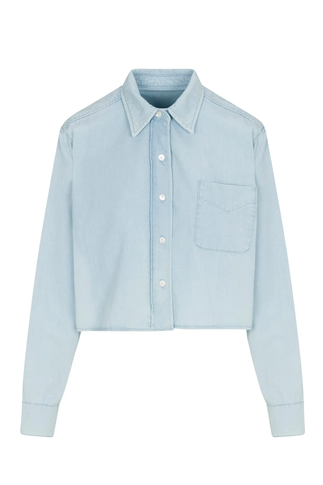 Light Blue Chambray Cropped Button Down Sustainable Production Certified Reflective accents