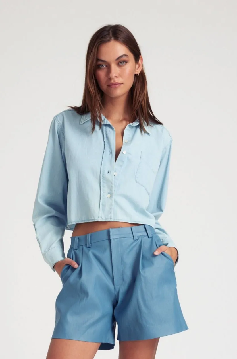 Quick Dry Tech Light Blue Chambray Cropped Button Down