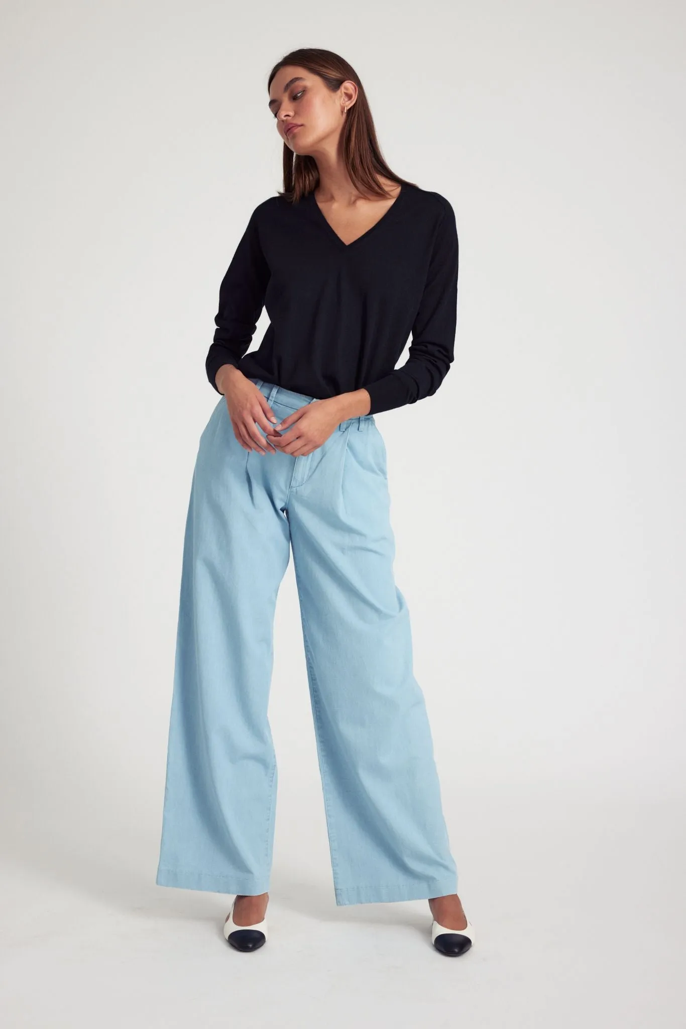 Light Blue Chambray Pleated Trousers Essential Look