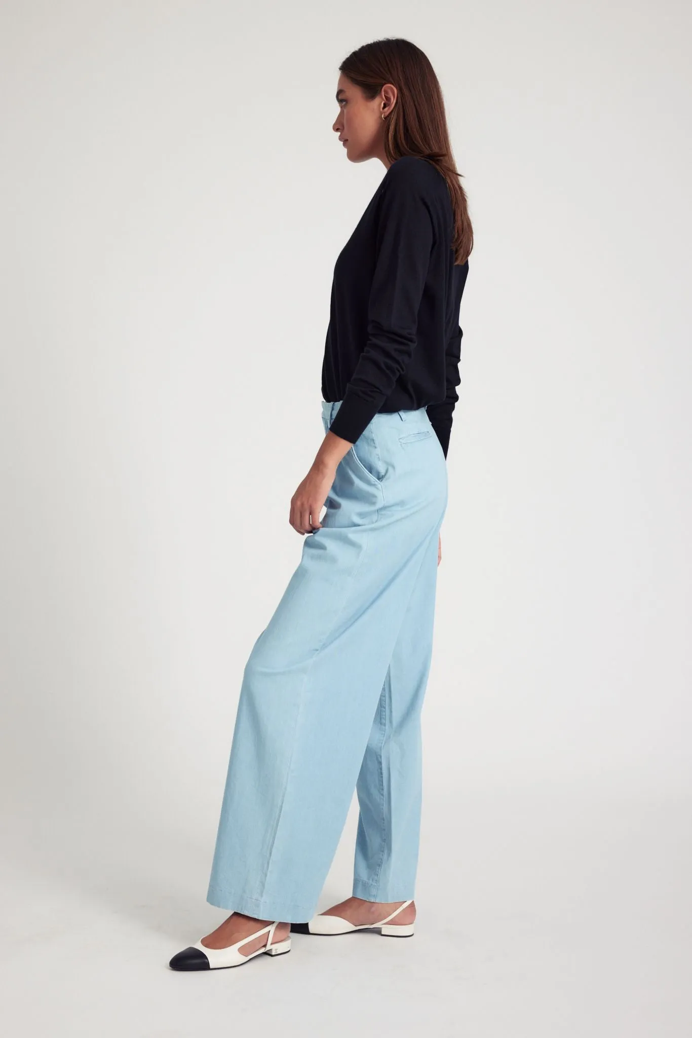 Casual Active Wear Light Blue Chambray Pleated Trousers