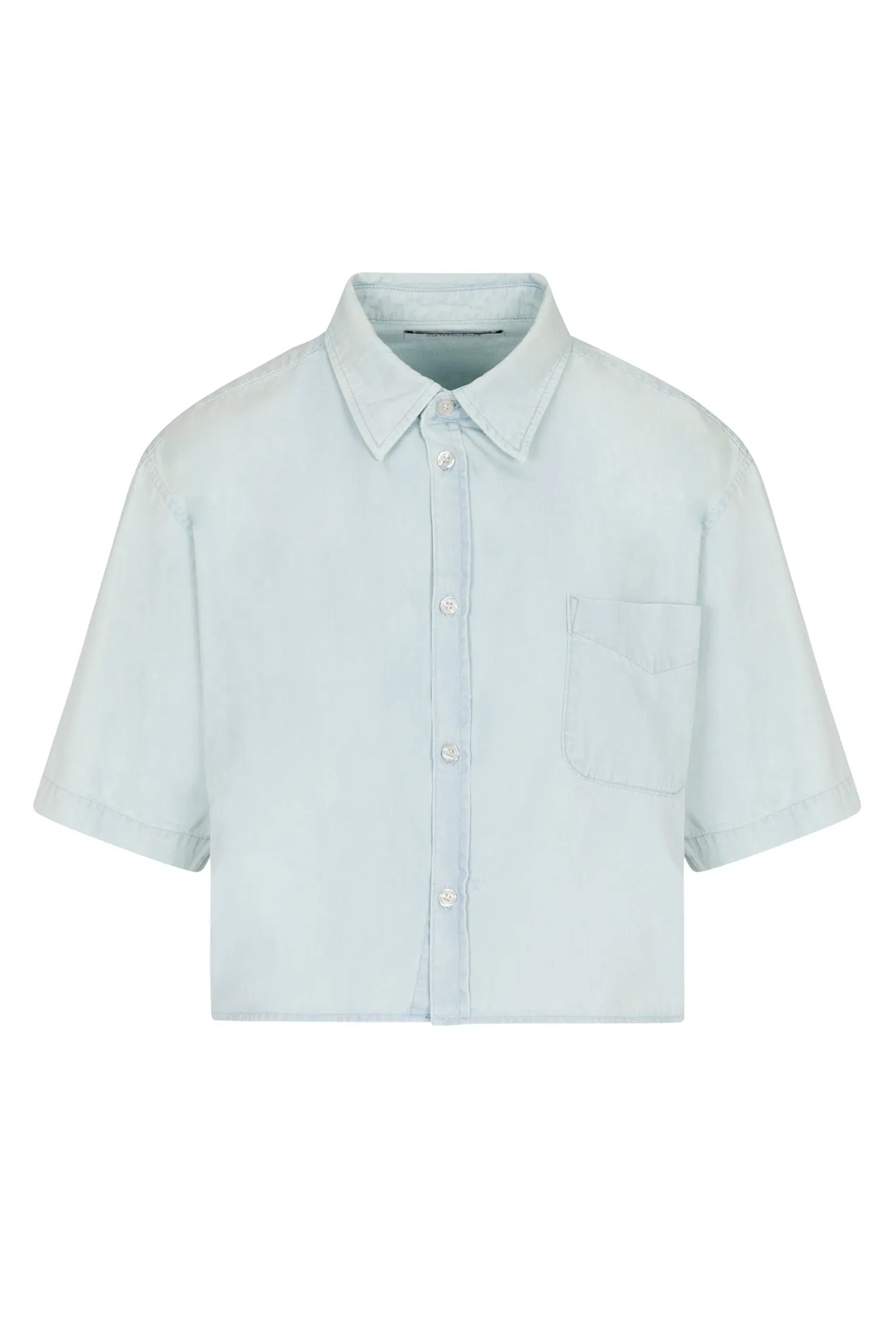 Smooth Seam Transition Airflow Optimized Weave Light Blue Chambray Short Sleeve Cropped Button Down