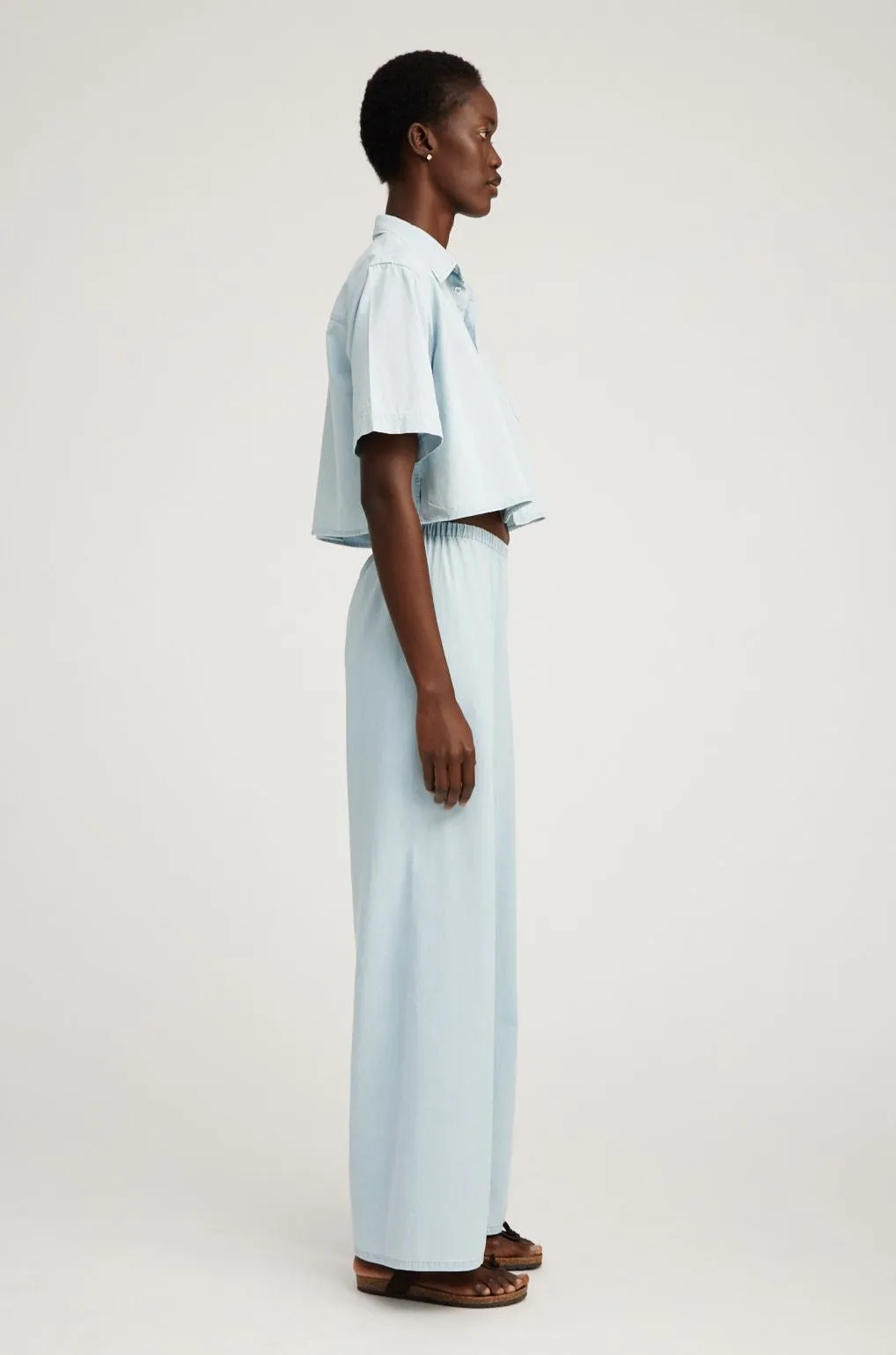 Light Blue Chambray Short Sleeve Cropped Button Down Midweight Texture