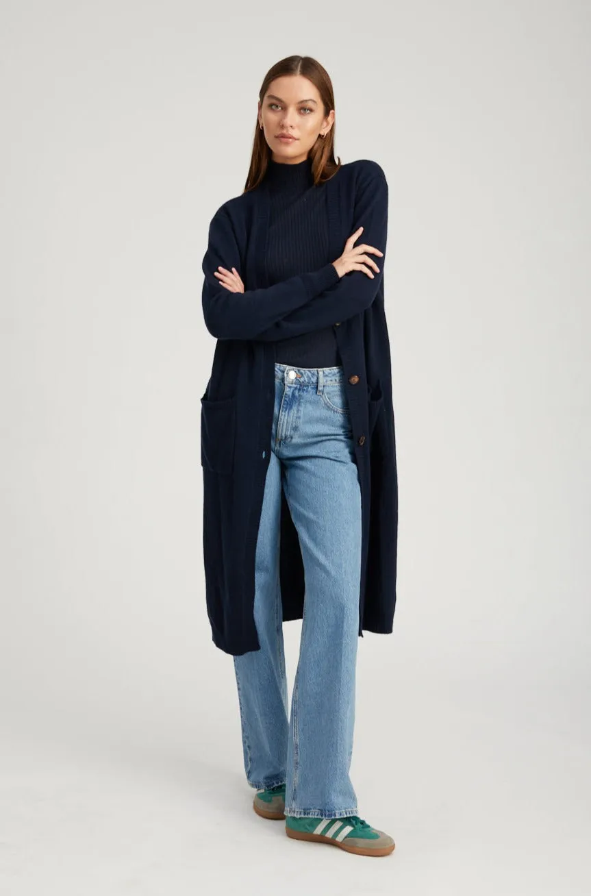 AllSeason Wearability Navy Cashmere Long Cardigan