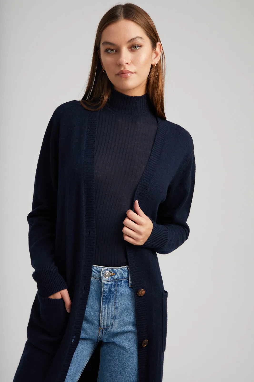 MeshVentilation Navy Cashmere Long Cardigan