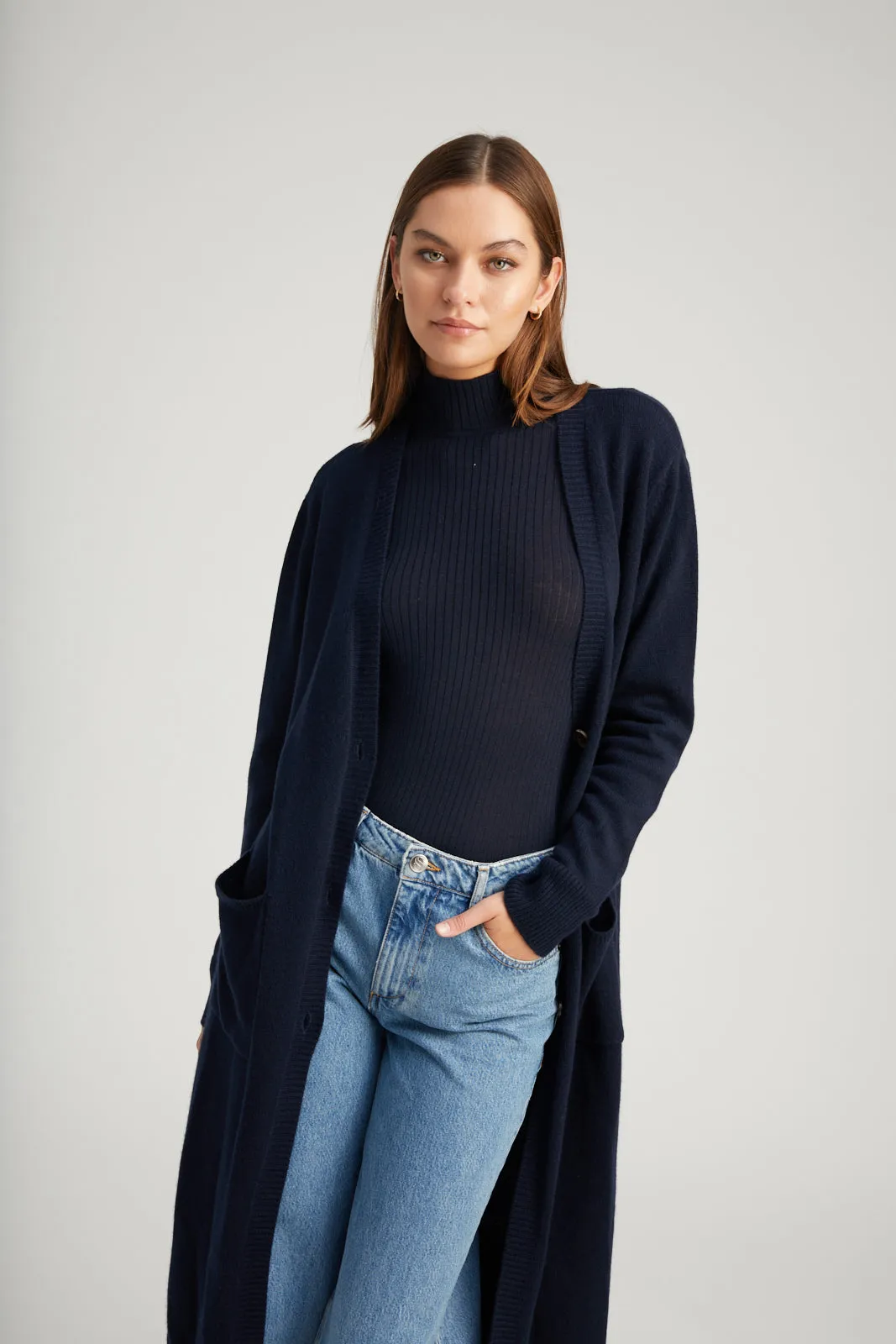 Navy Cashmere Long Cardigan Non Irritating Seams Durable Color Retention