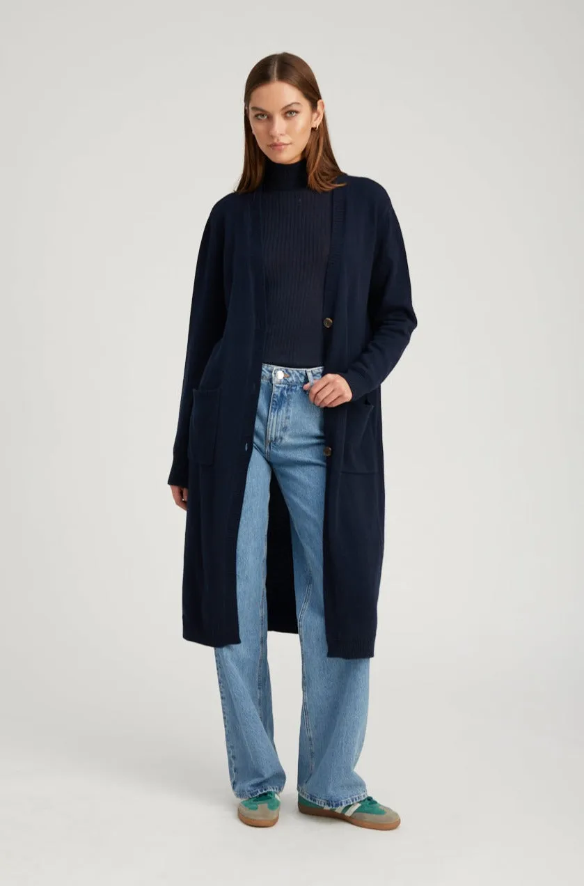 Navy Cashmere Long Cardigan Ventilated Back Panel