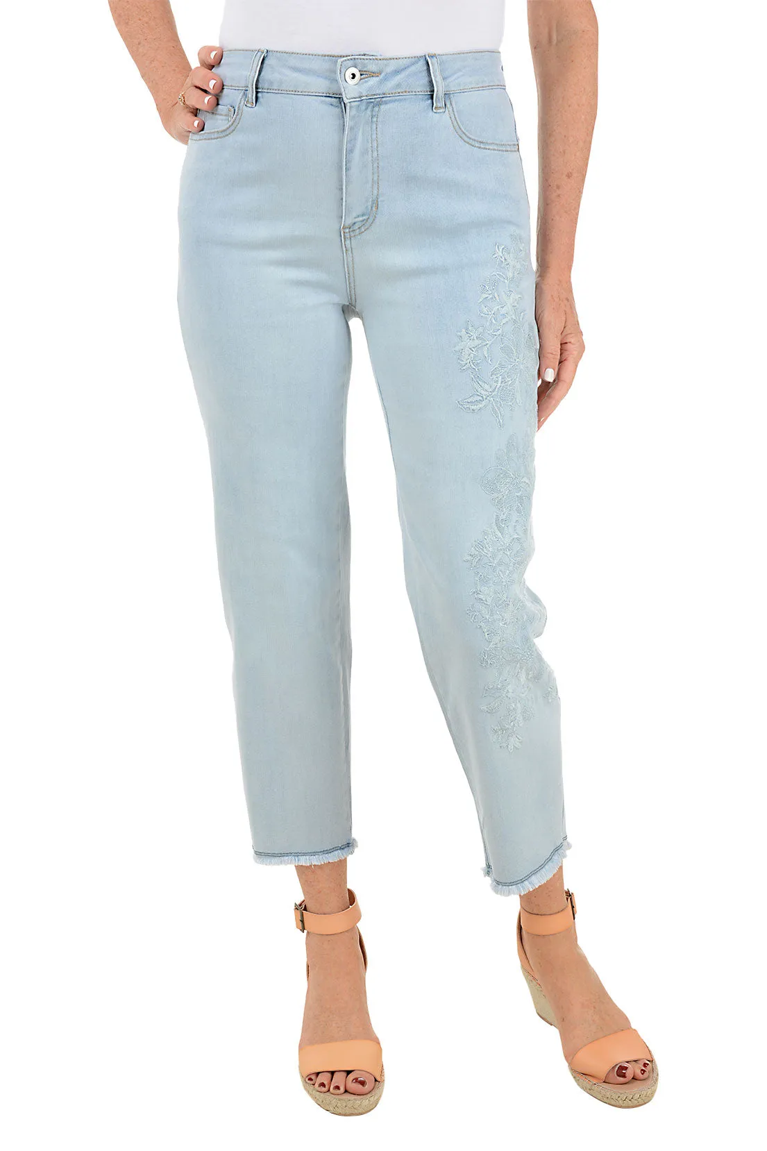 Embroidered Petunia Frayed Denim Ankle Pant Soft Feel Day Comfort