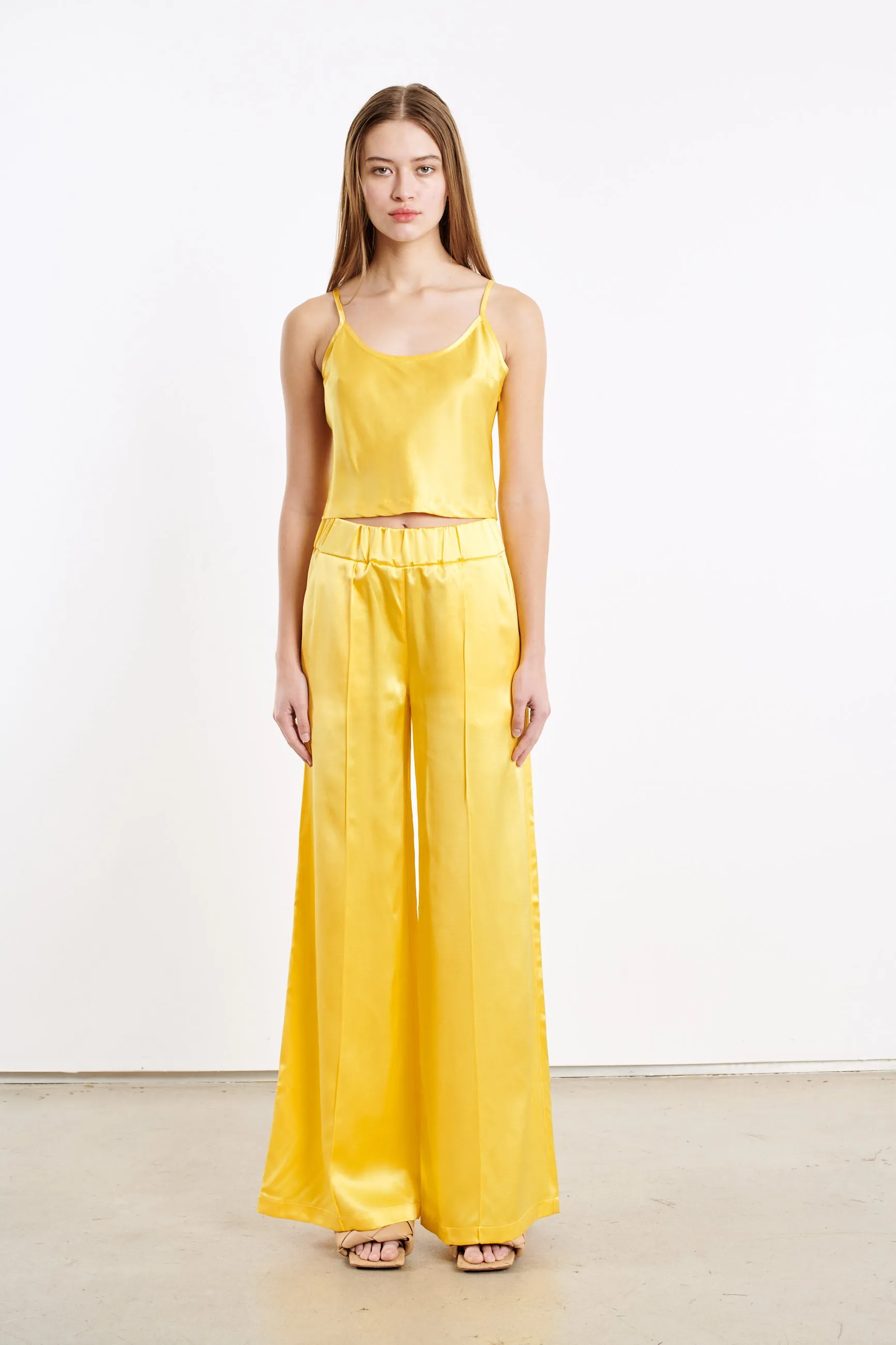 Yellow Silk Wide Leg Pintuck Pants NoiseReducingFabric