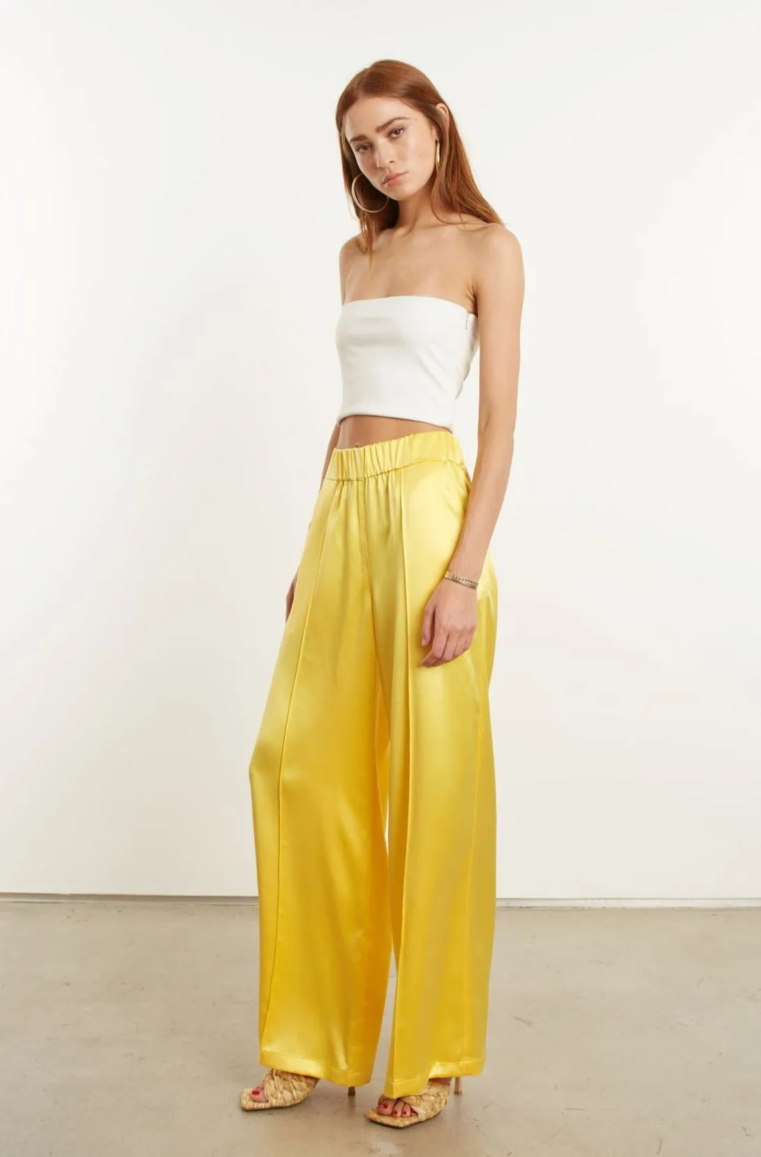 stain resistant coating Agile Fit Yellow Silk Wide Leg Pintuck Pants