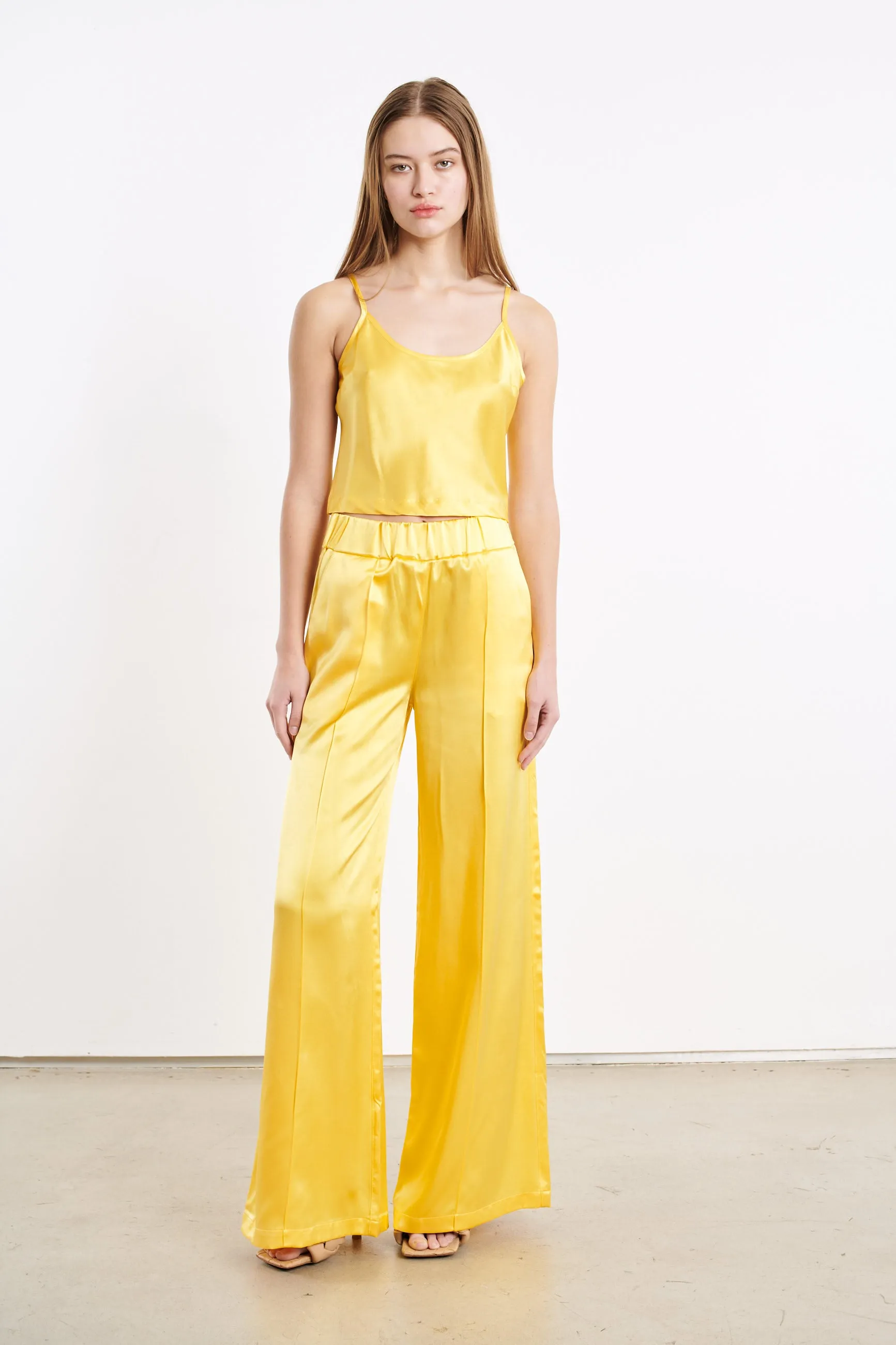 Tough Stretch Yellow Silk Wide Leg Pintuck Pants