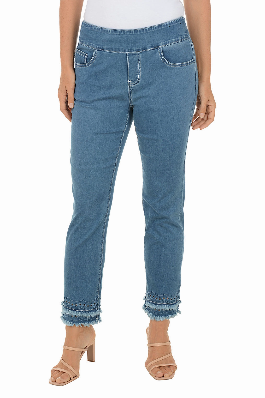 Light Denim Double Fringe Eyelet Ankle Pant Comfort Flex