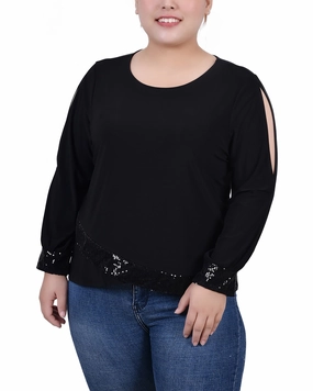Plus Size Long Sleeve Knit Top With Sequin Hem Anti Pilling Activewear Top