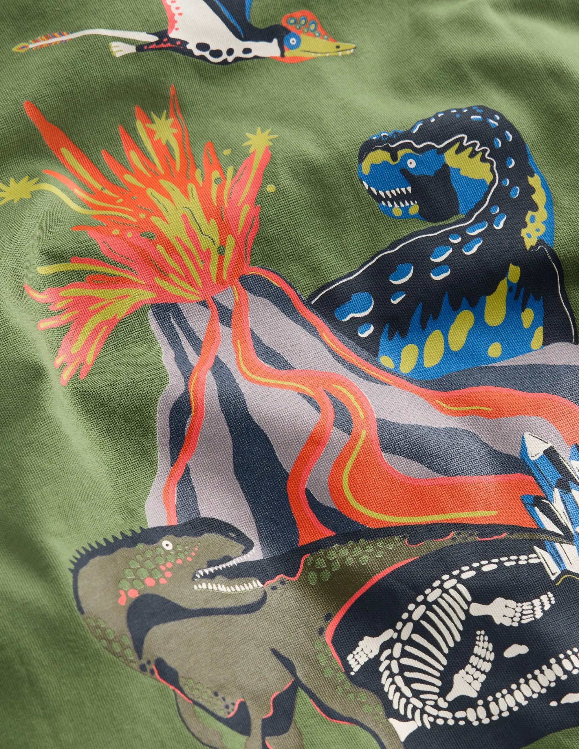 High Stretch Fabric Front & Back Printed T-shirt-Green Volcano Dino