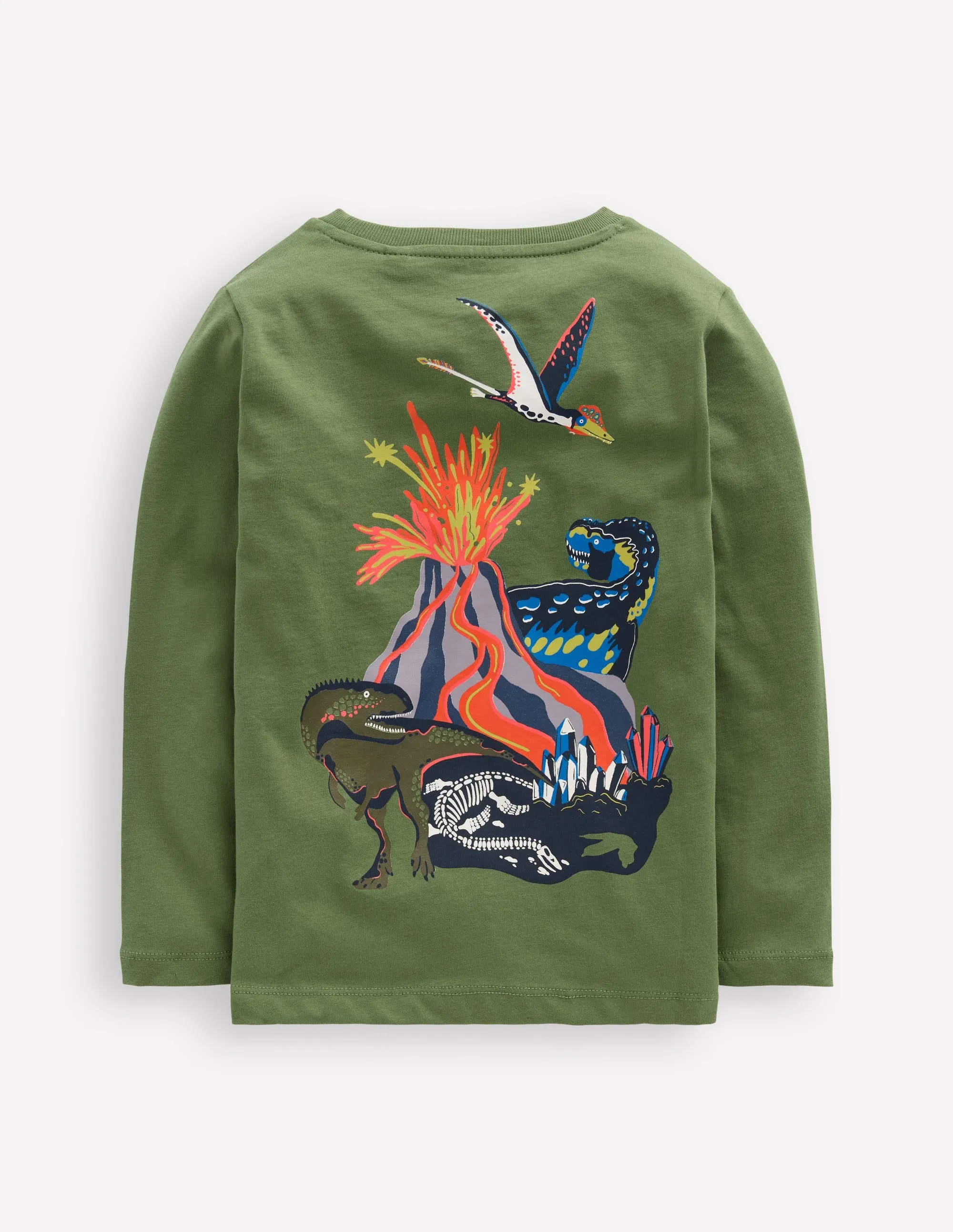 Front & Back Printed T-shirt-Green Volcano Dino ribbed texture