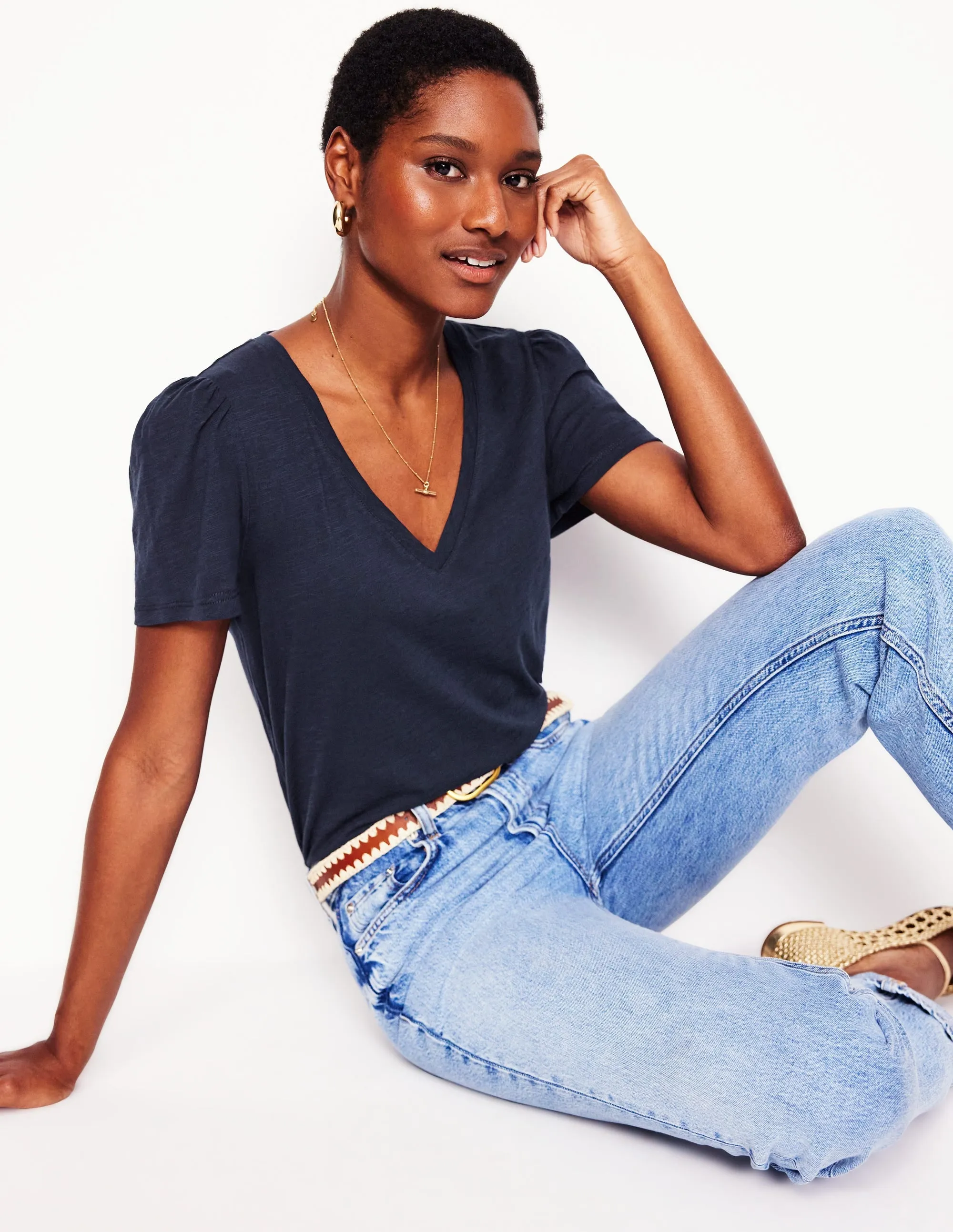 SlubTexture Short Sleeve V Neck T-shirt-Navy