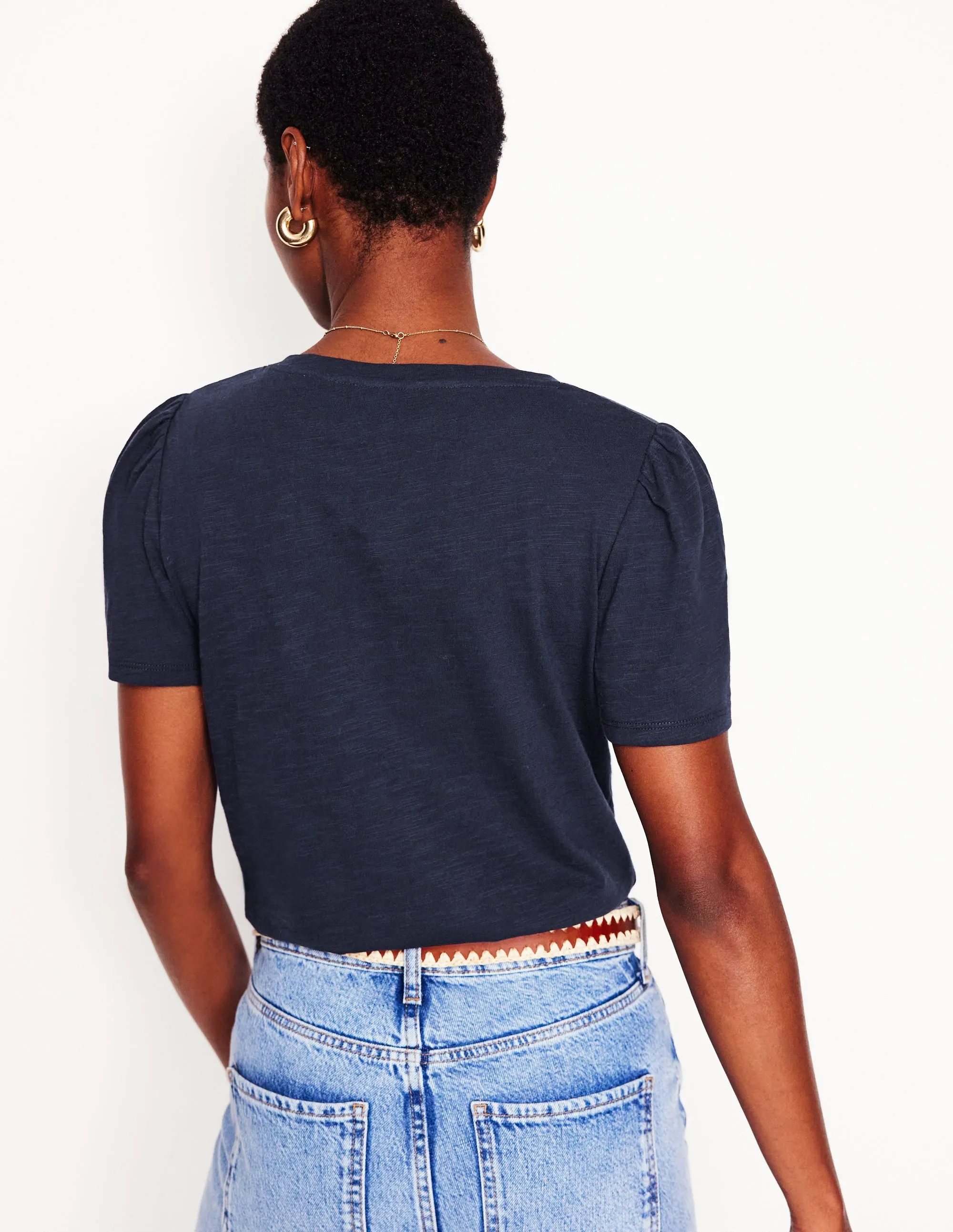 Reinforced Shoulder Short Sleeve V Neck T-shirt-Navy