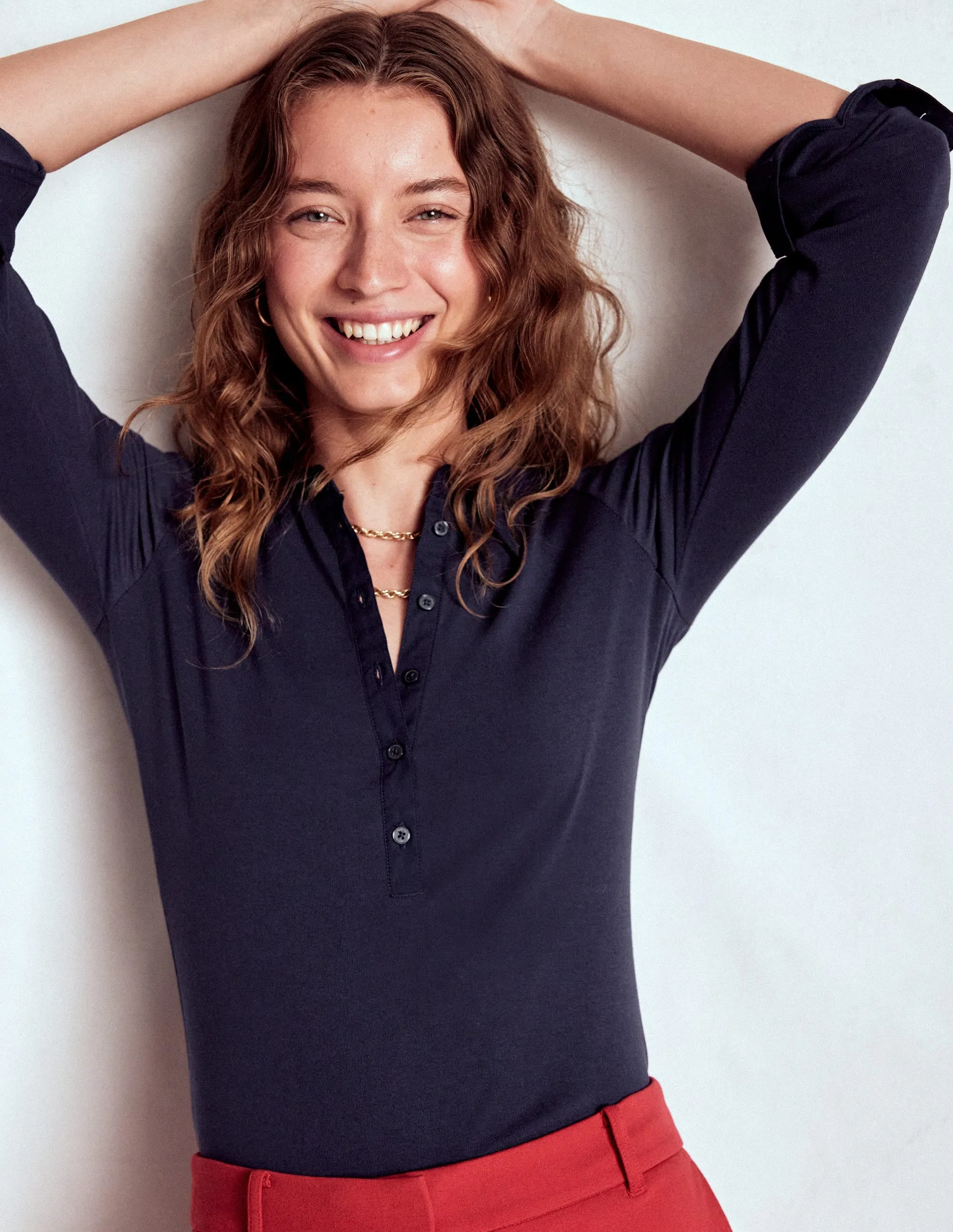 Quick-Dry Grid Texture Fabric Collared Placket Jersey Shirt-Navy