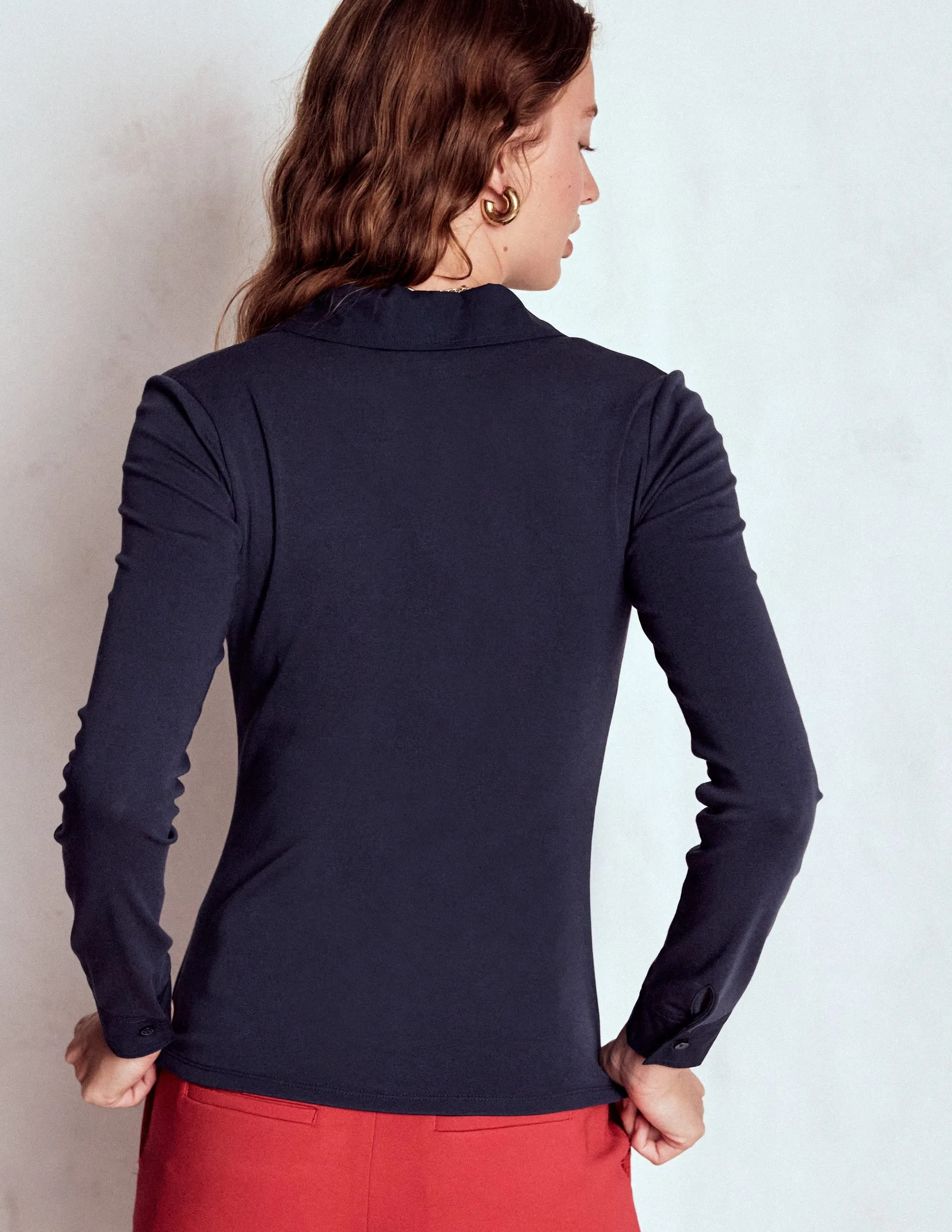 Easy Wear Collared Placket Jersey Shirt-Navy