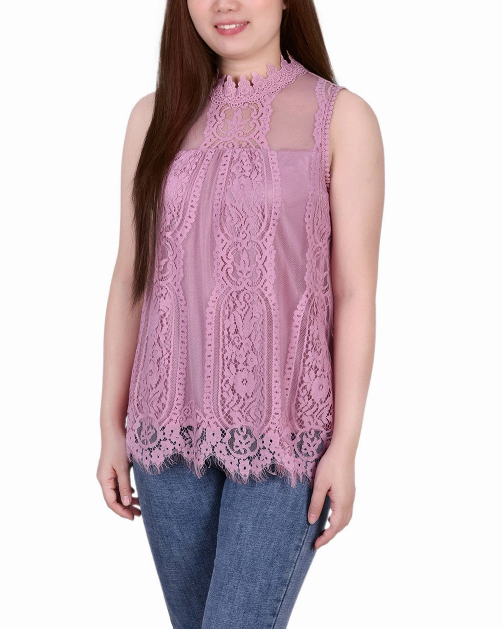 Petite Sleeveless Mock Neck Lace Top Flexible Neckline UV Protection
