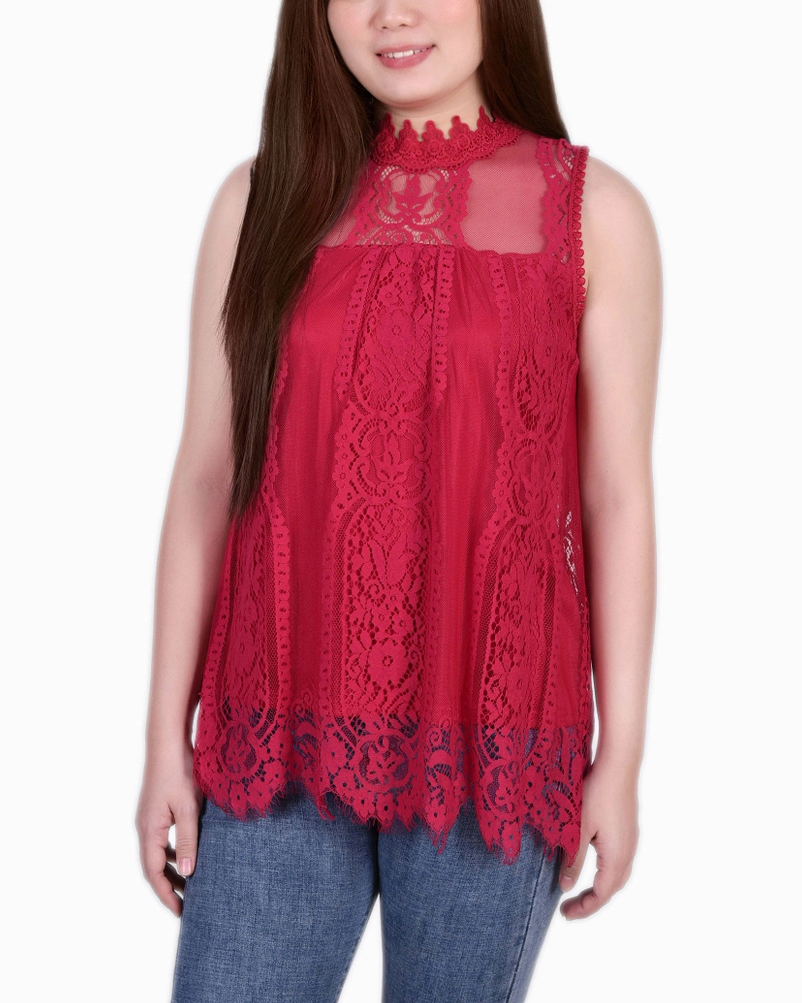 Low Impact Manufacturing Petite Sleeveless Mock Neck Lace Top