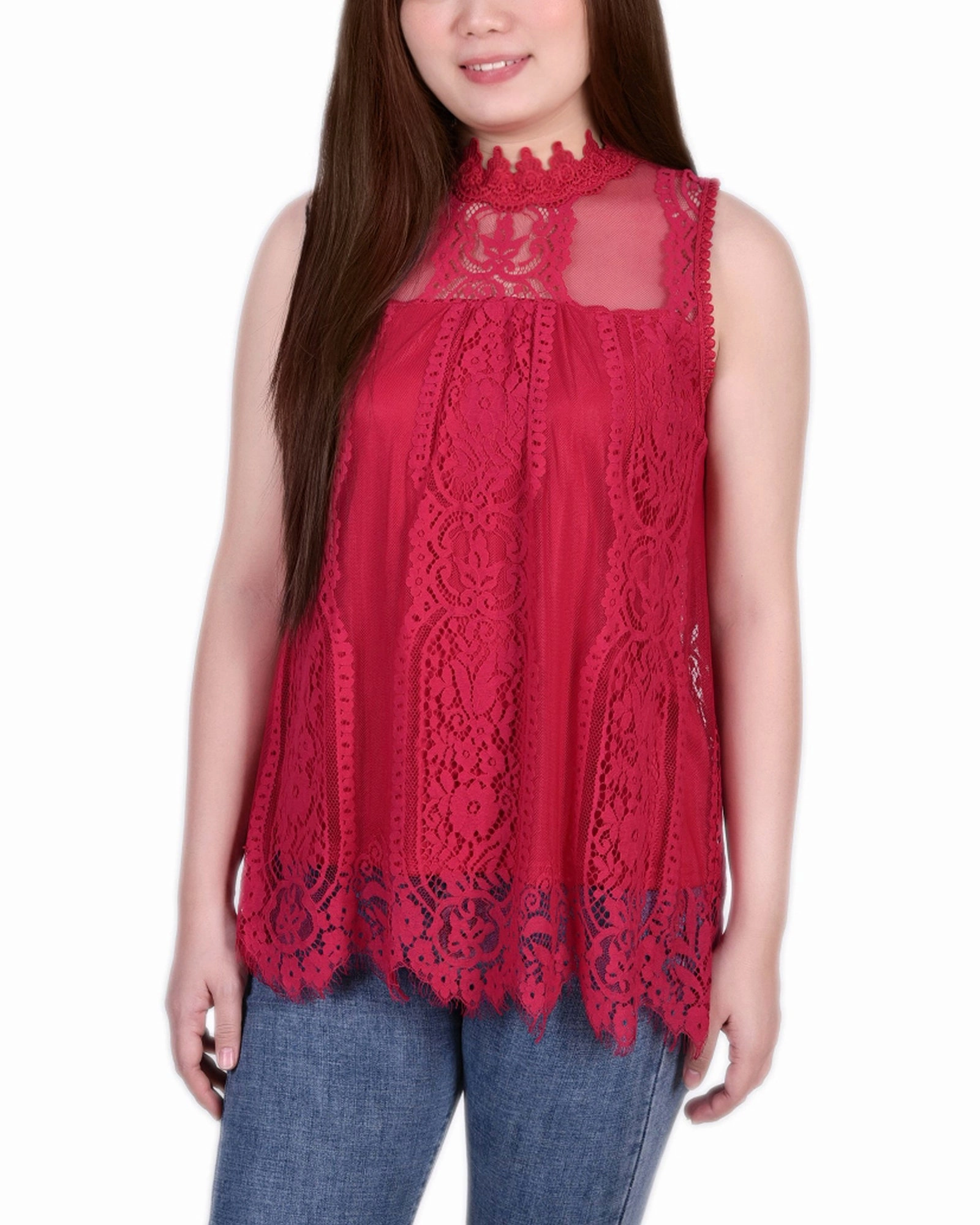 Petite Sleeveless Mock Neck Lace Top TumbleDryFriendlyMaterial