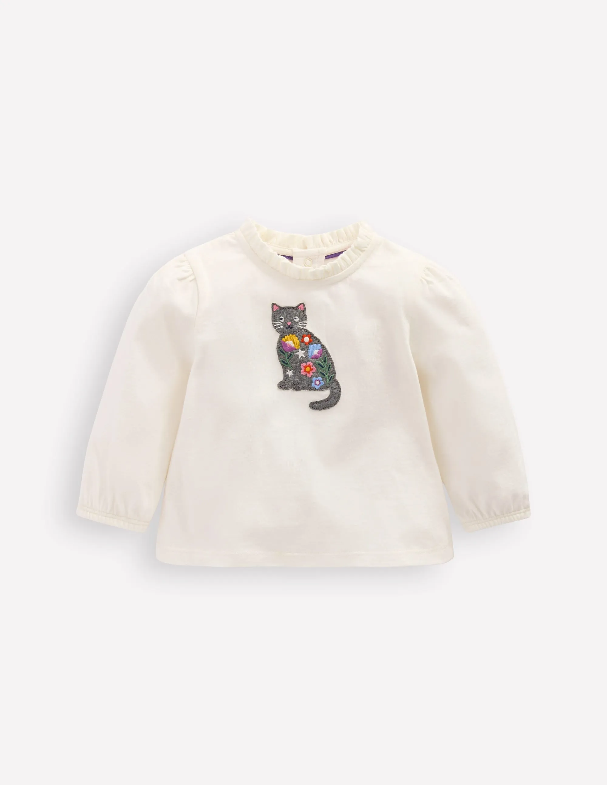 Convertible Collar Layered Panel Design Appliqu T-shirt-Soft Ivory Cat