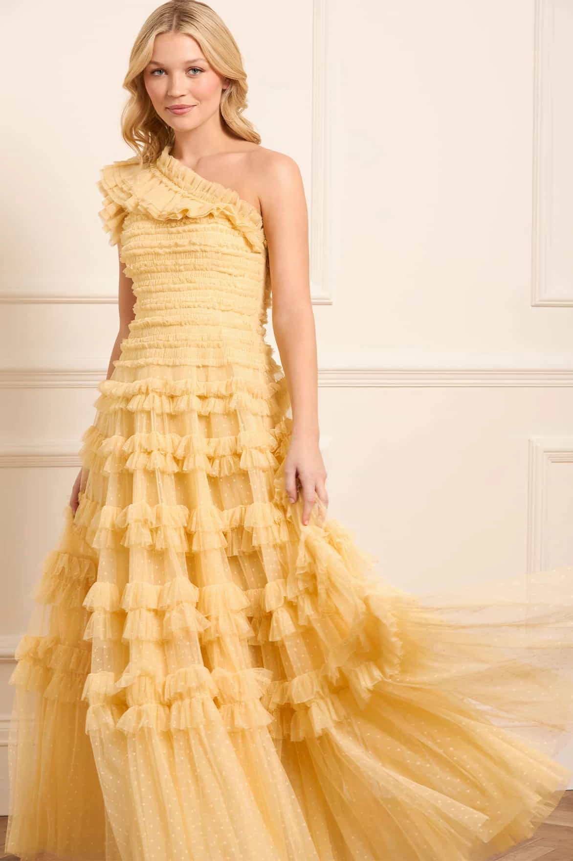 Lisette Ruffle One-Shoulder Gown LayeredHemline Clean Base