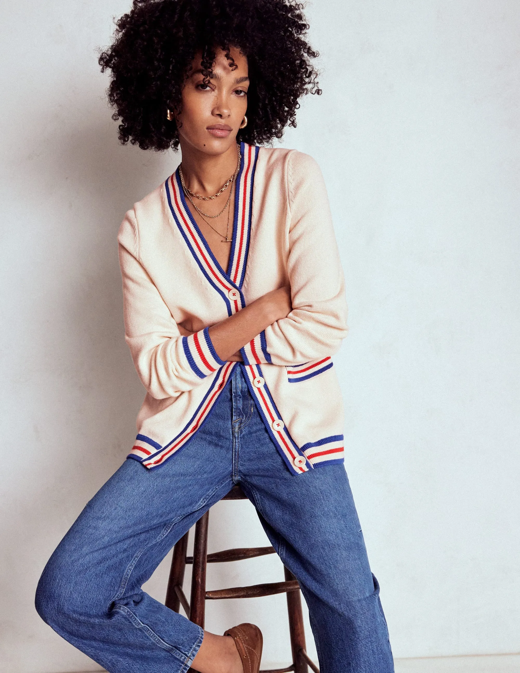 Long Cotton V-neck Cardigan-Warm Ivory Layered Knit Structure Snug Style