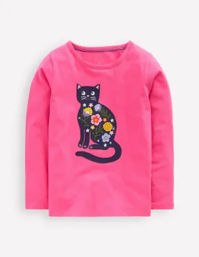 Long Sleeve Appliqu T-shirt-Sorbet Pink Cat Active Trend