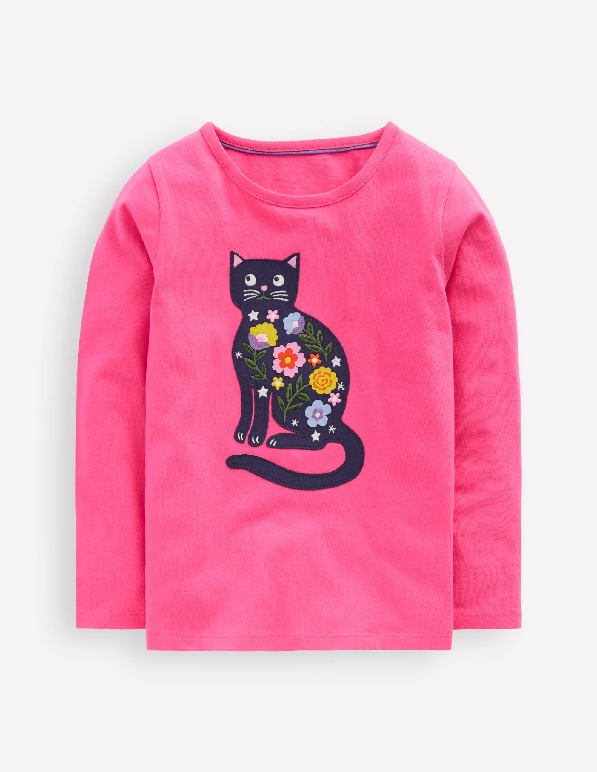 Long Sleeve Appliqu T-shirt-Sorbet Pink Cat Active Trend