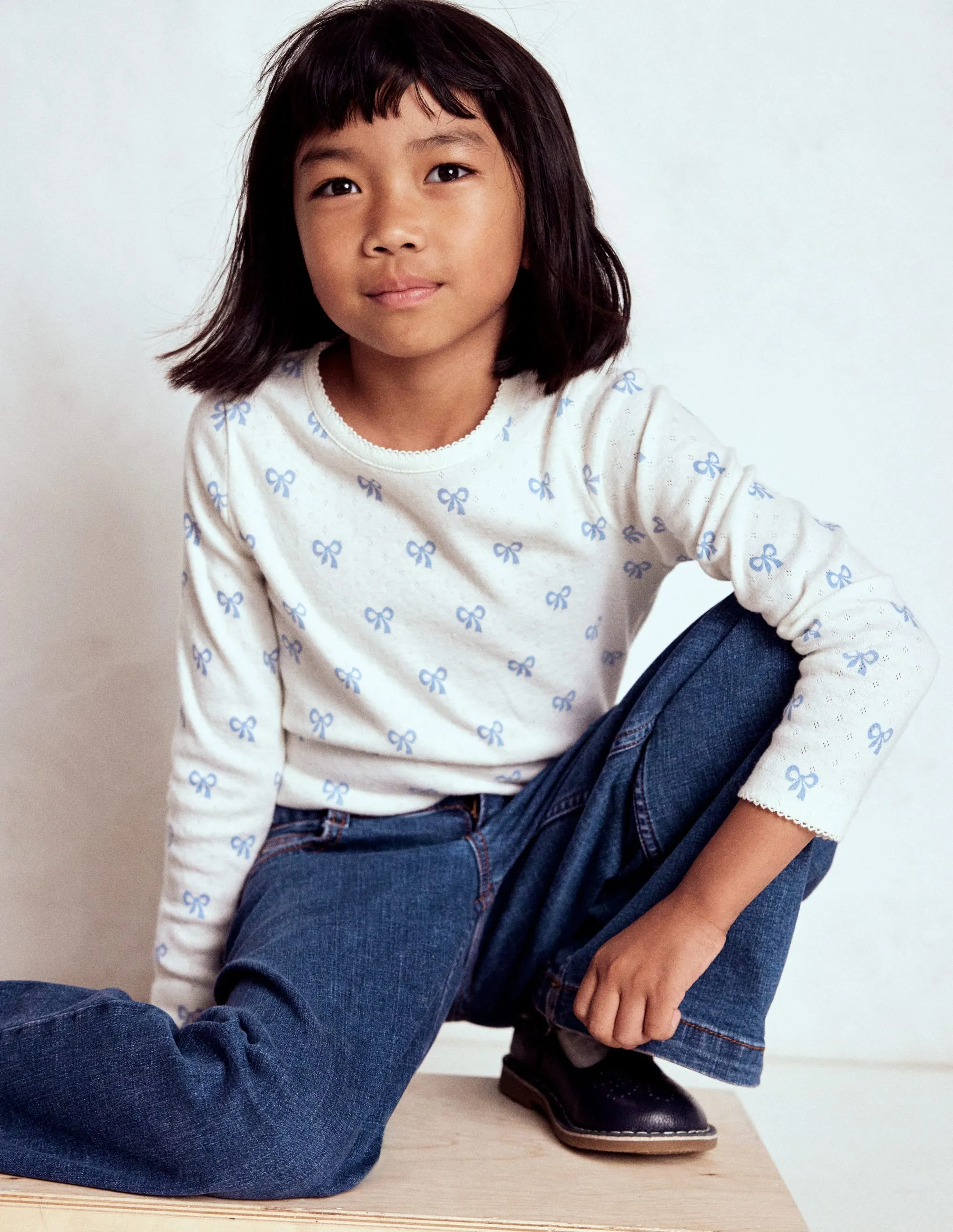 Long Sleeve Pointelle Top-Multi Bows Lightweight Fashion